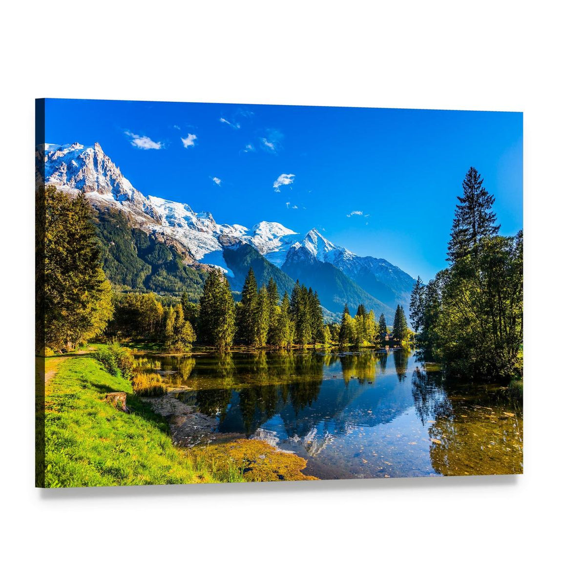 Snow-capped Mountains Over Reflective Lake Canvas Wall Art, single panel gallery wrapped canvas, angled product view