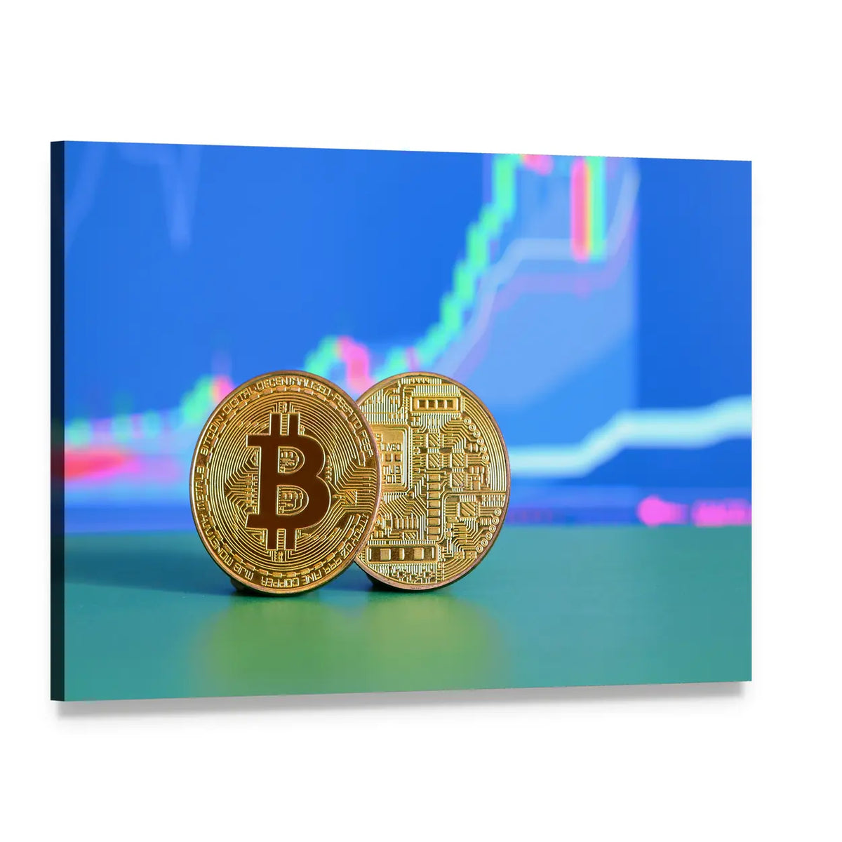 Two Gold Bitcoin Coins Canvas Wall Art, single panel gallery wrapped canvas, angled product view