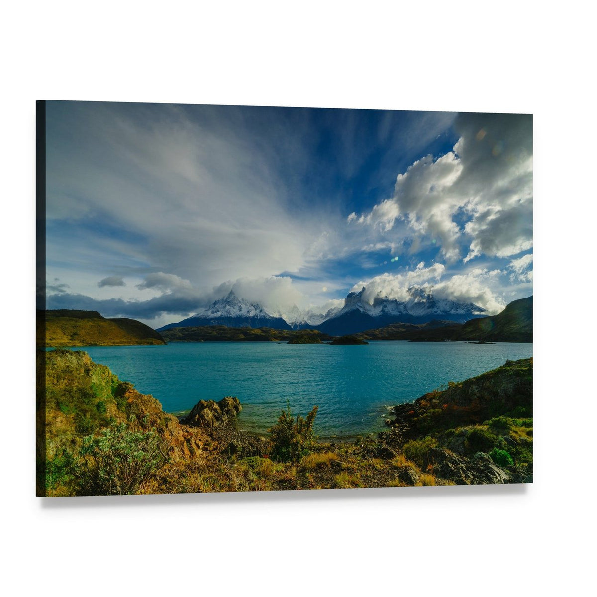 Snow-capped Peaks Above Turquoise Lake Canvas Wall Art, single panel gallery wrapped canvas, angled product view
