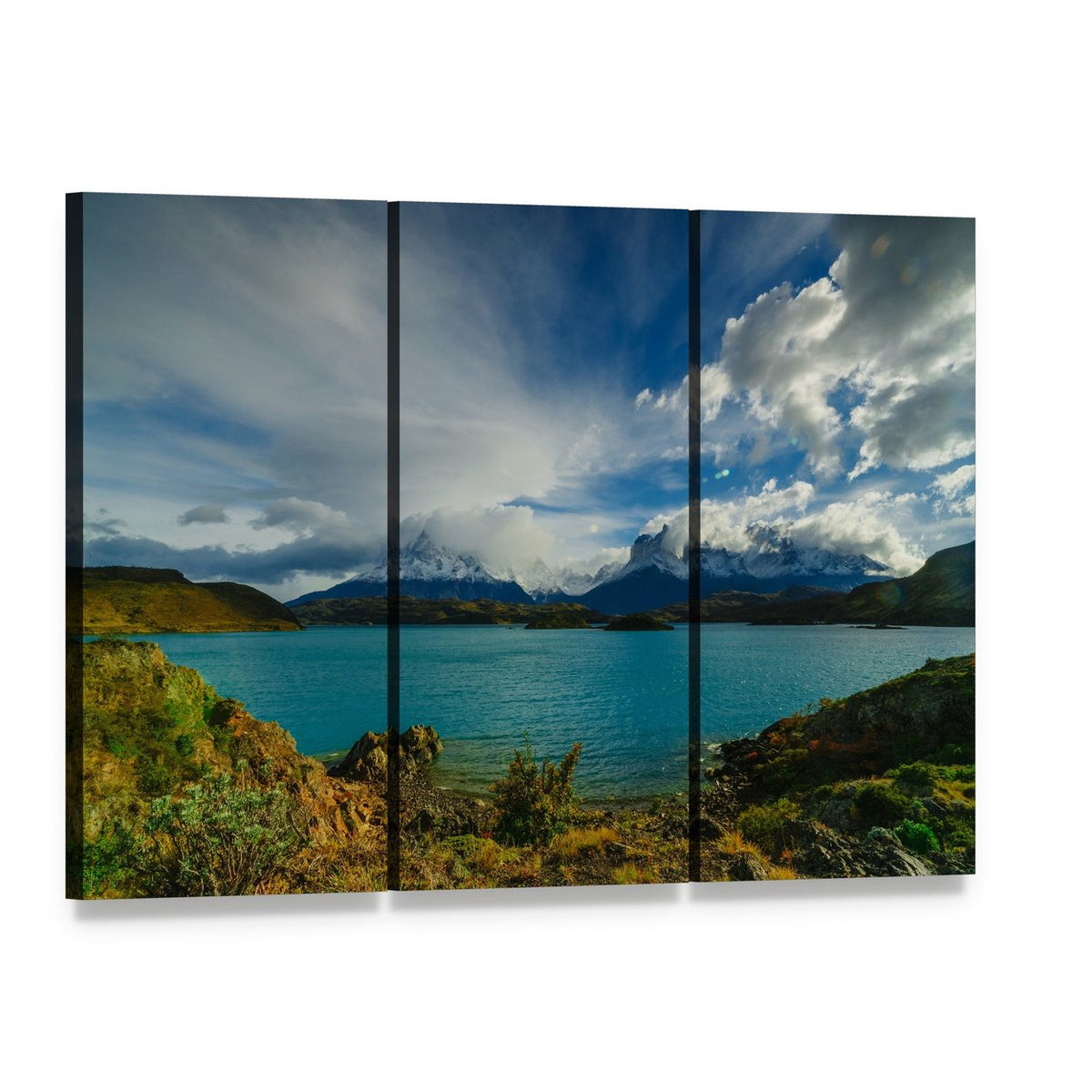 Snow-capped Peaks Above Turquoise Lake Canvas Wall Art, 3 panel 3 Horizontal layout gallery wrapped canvas set, angled product view