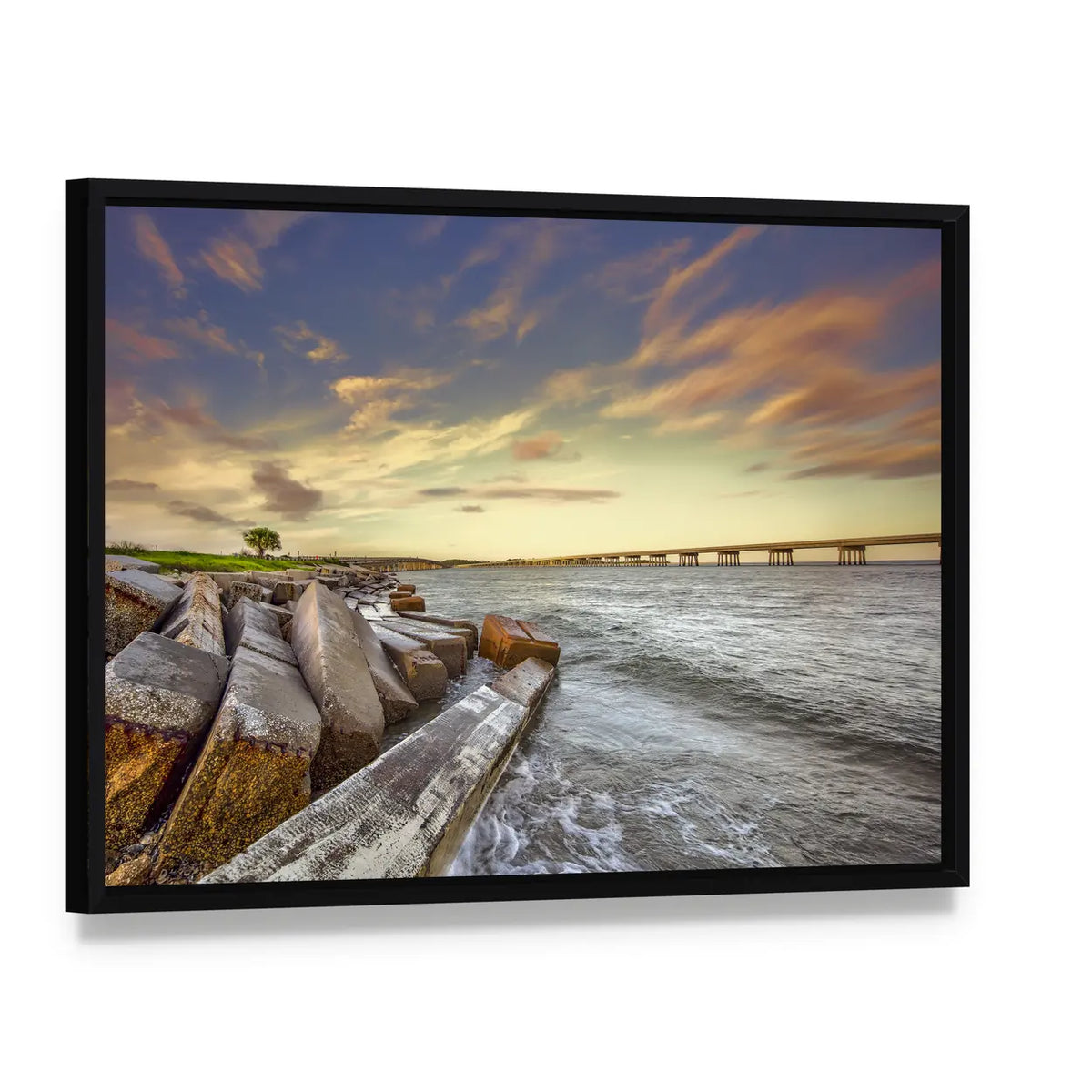 Two Bridges Between Amelia Island and Big Talbot Island Canvas Wall Art, framed canvas in a black floater frame, angled product view