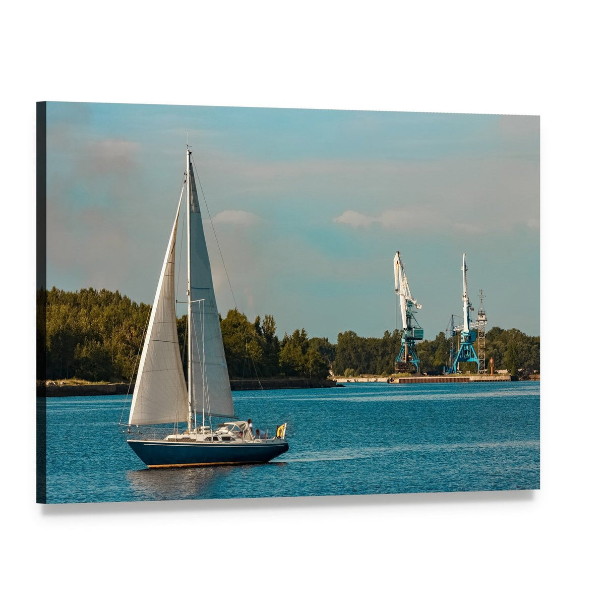 Blue Sailboat with White Sails and Industrial Cranes Canvas Wall Art, single panel gallery wrapped canvas, angled product view