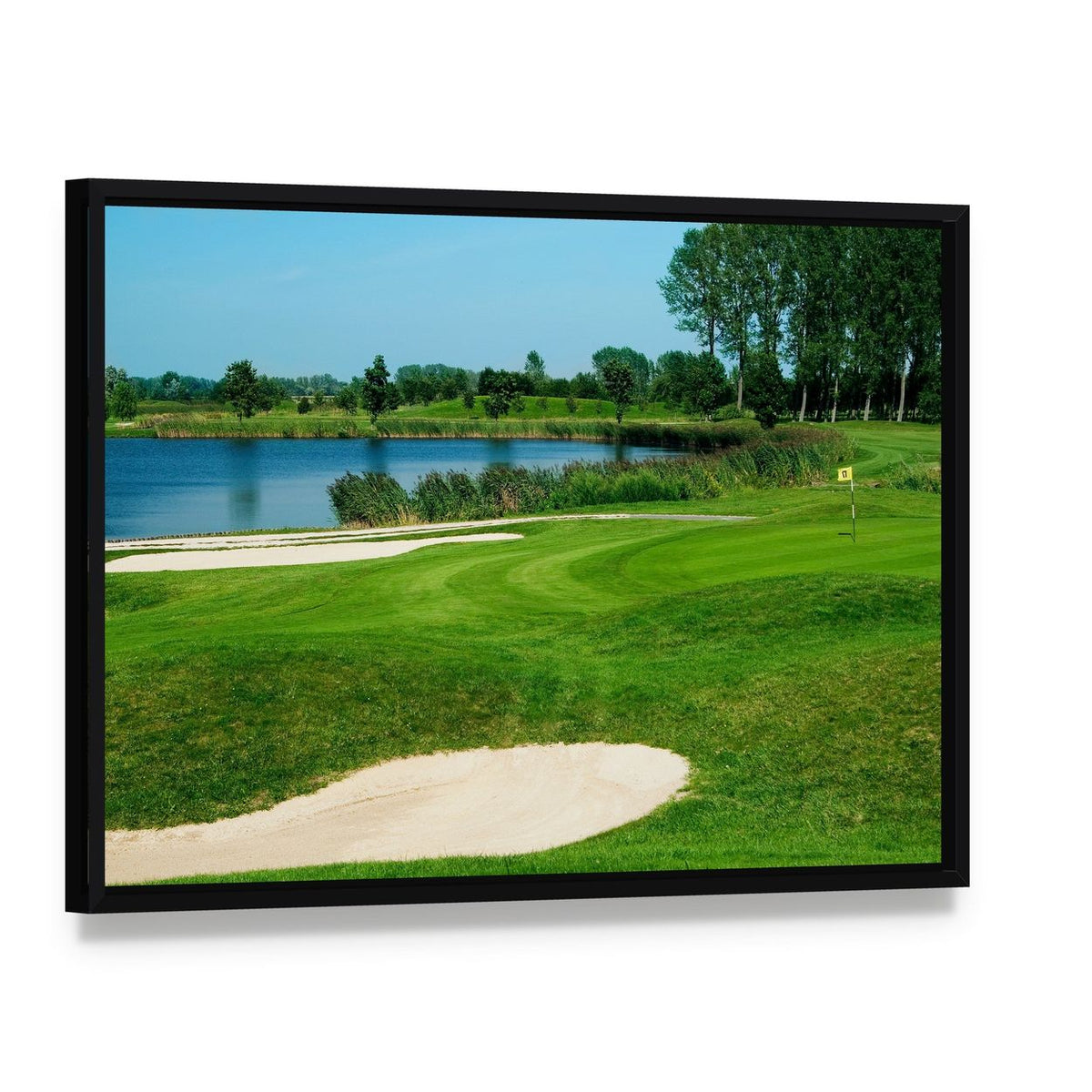 Golf Course Serenity Canvas Wall Art, framed canvas in a black floater frame, angled product view
