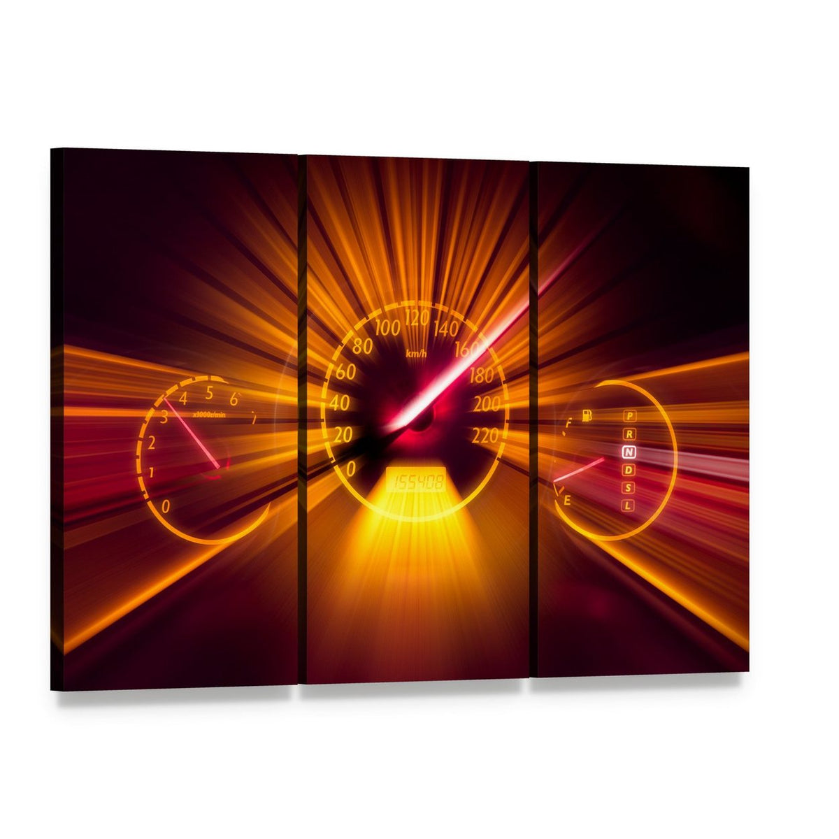 Abstract Speedometer Dashboard Canvas Wall Art, 3 panel 3 Horizontal layout gallery wrapped canvas set, angled product view
