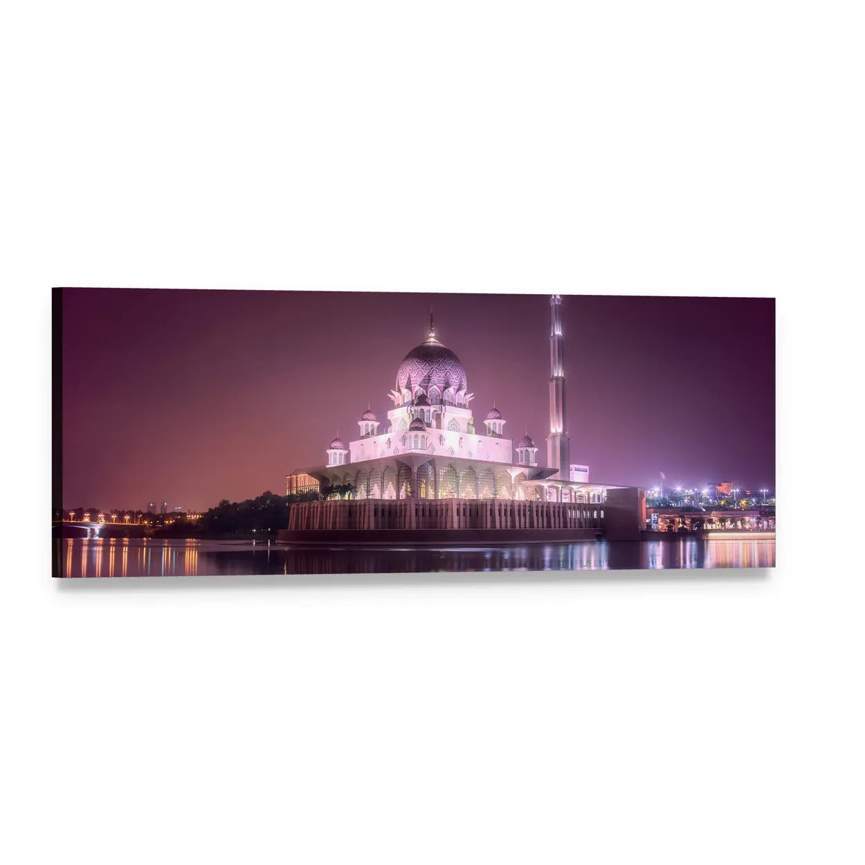 Putra Mosque Night Reflection Panoramic Canvas Wall Art, single panel gallery wrapped canvas, angled product view