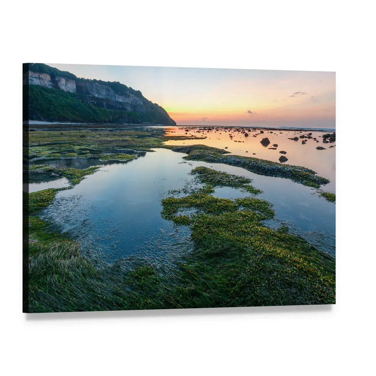 Moss-covered Rocks and Tide Pools at Sunset Canvas Wall Art, single panel gallery wrapped canvas, angled product view