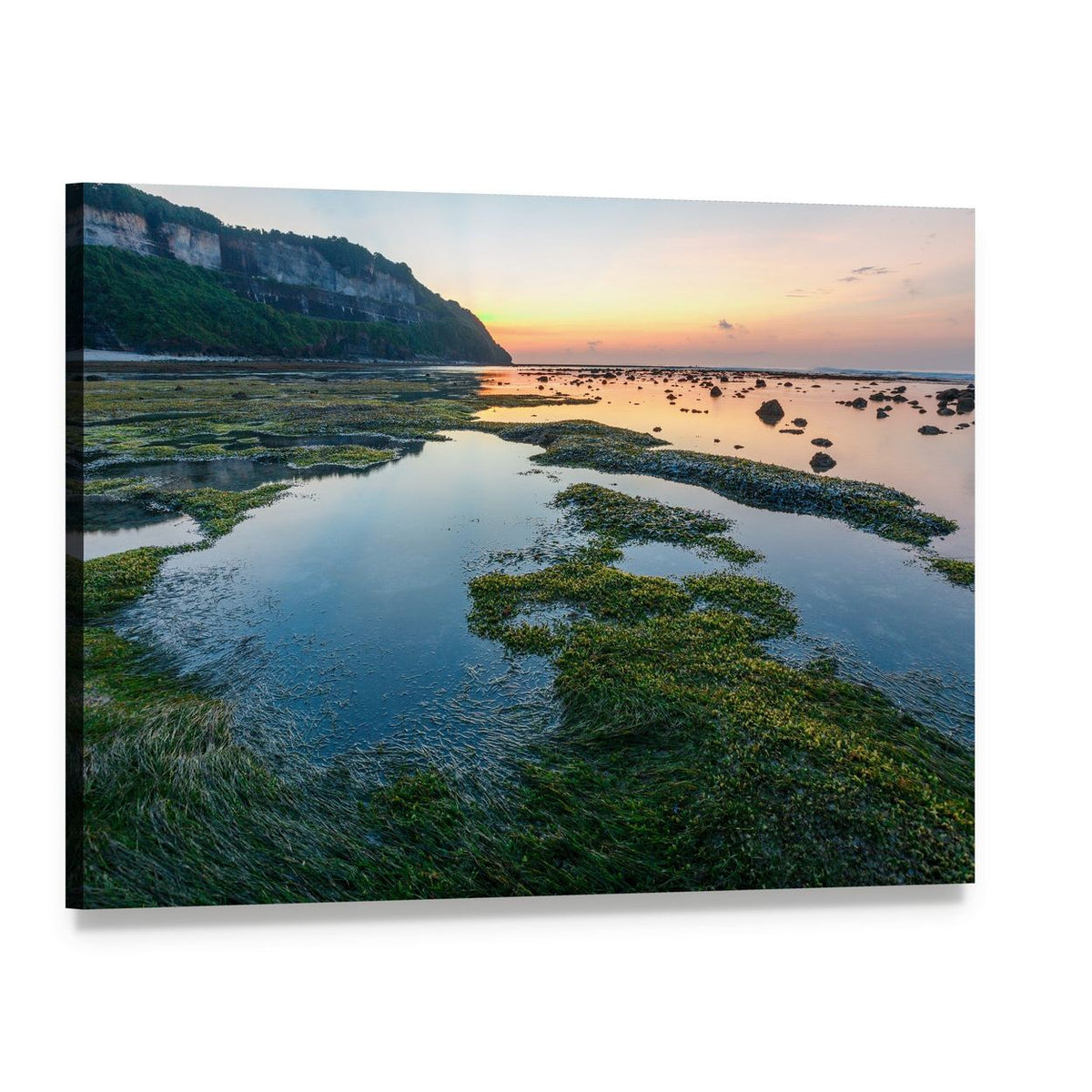 Sunset Over Green Rocky Beach Canvas Wall Art, single panel gallery wrapped canvas, angled product view