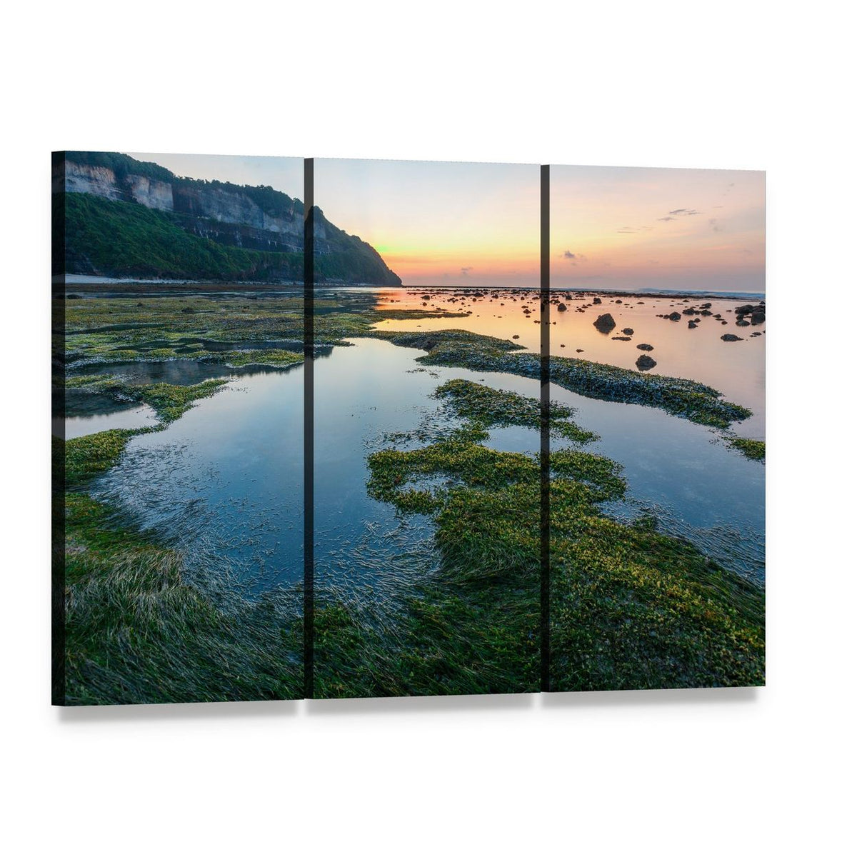 Sunset Over Green Rocky Beach Canvas Wall Art, 3 panel 3 Horizontal layout gallery wrapped canvas set, angled product view