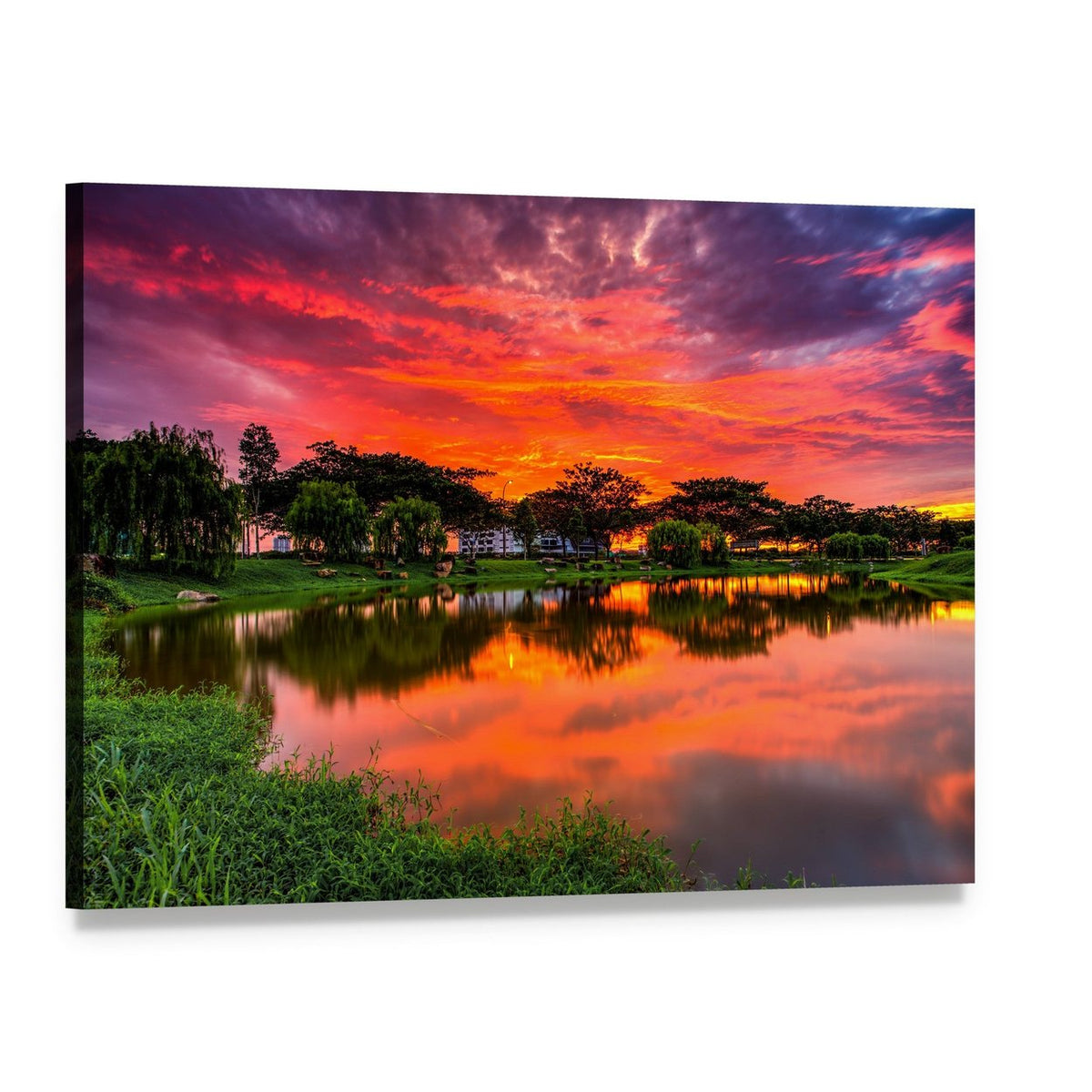 Sunset Over Lake with Tree Reflection Canvas Wall Art, single panel gallery wrapped canvas, angled product view