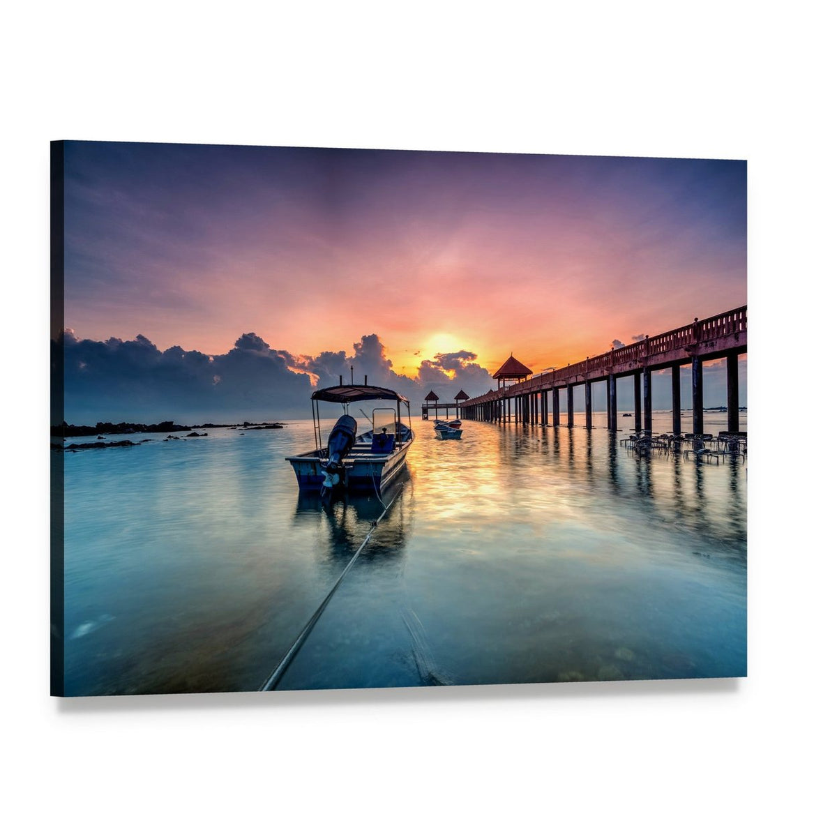 Long Pier with Boat at Sunset Canvas Wall Art, single panel gallery wrapped canvas, angled product view