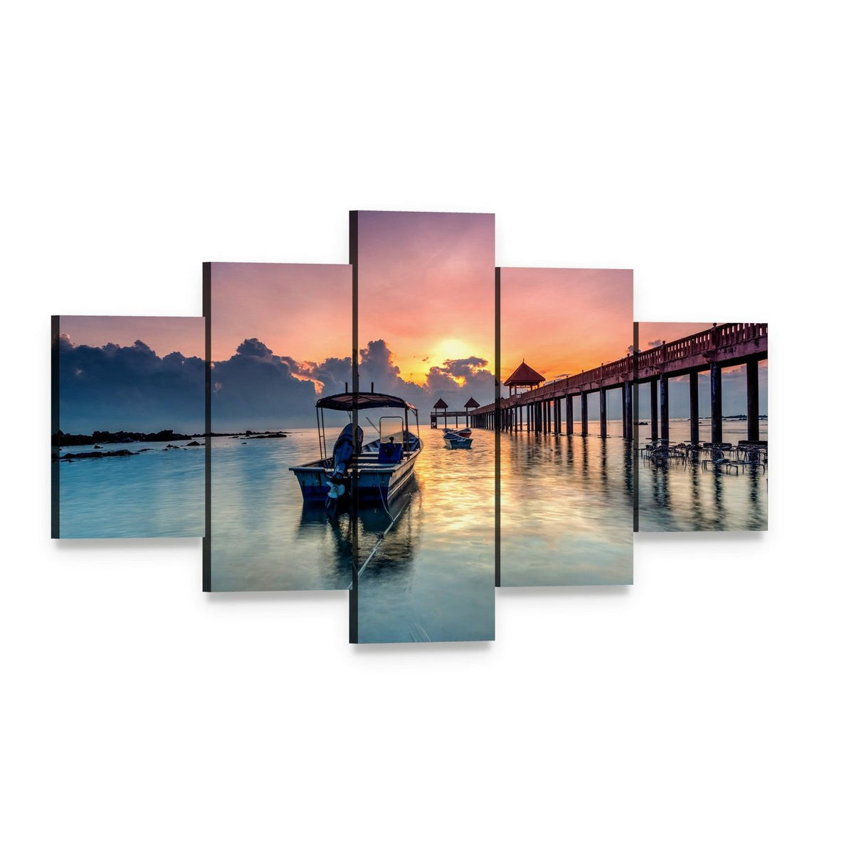 Long Pier with Boat at Sunset Canvas Wall Art, 5 panel 5 Star layout gallery wrapped canvas set, angled product view
