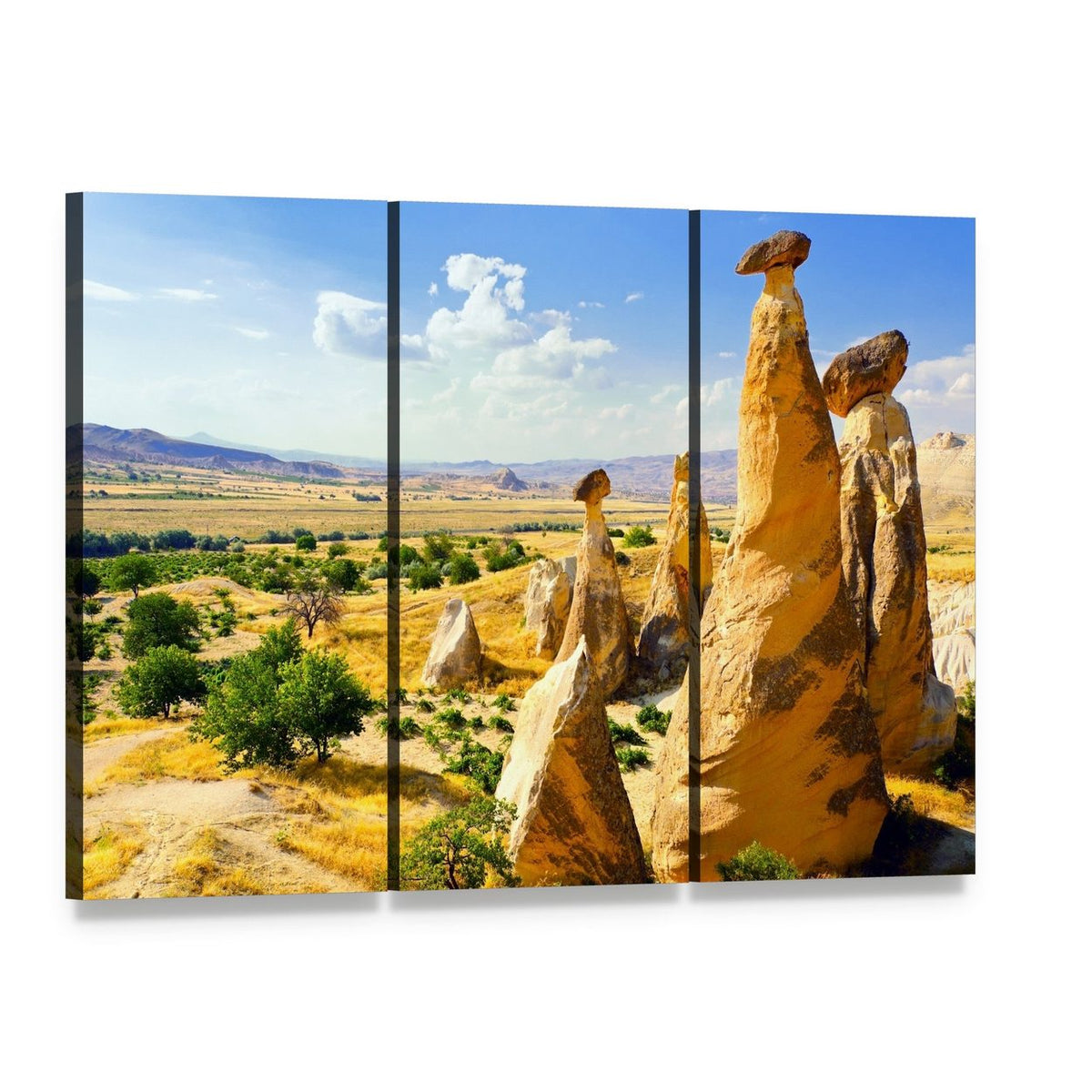 Cappadocia Rock Formation Landscape Canvas Wall Art, 3 panel 3 Horizontal layout gallery wrapped canvas set, angled product view
