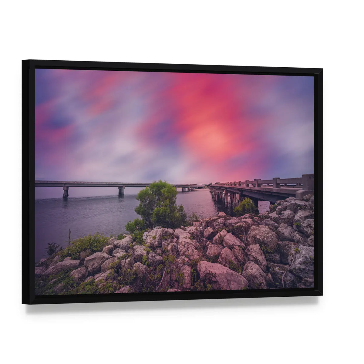 Bridges Between Amelia and Big Talbot Islands Canvas Wall Art, framed canvas in a black floater frame, angled product view