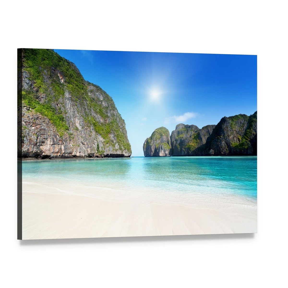 Morning Tropical Bay Seascape Canvas Wall Art, single panel gallery wrapped canvas, angled product view