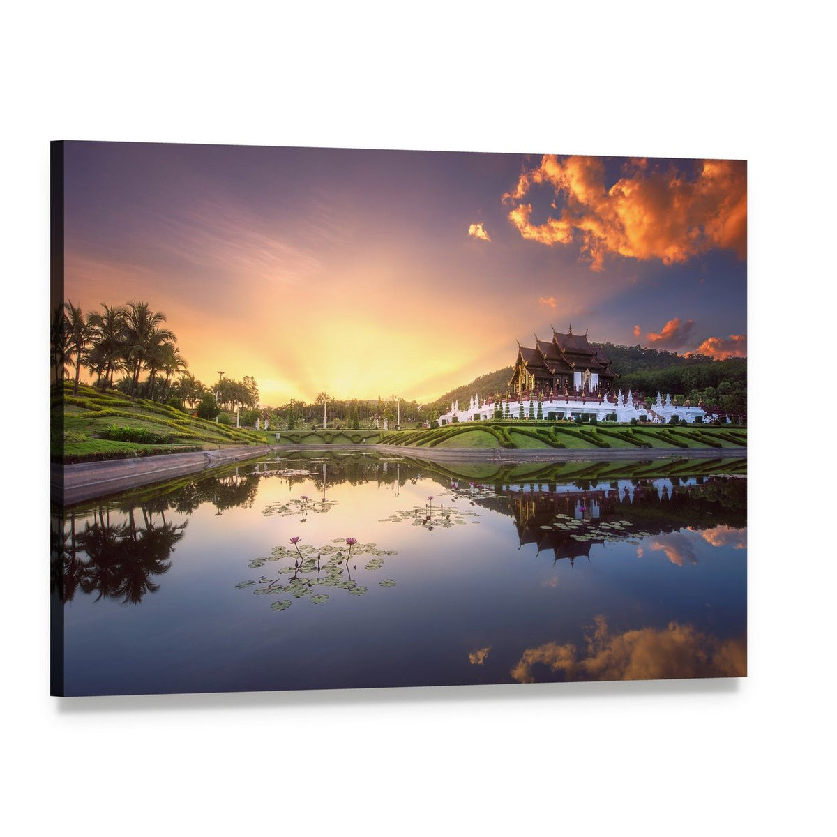 Lotus Lake with Temple at Sunset Canvas Wall Art, single panel gallery wrapped canvas, angled product view