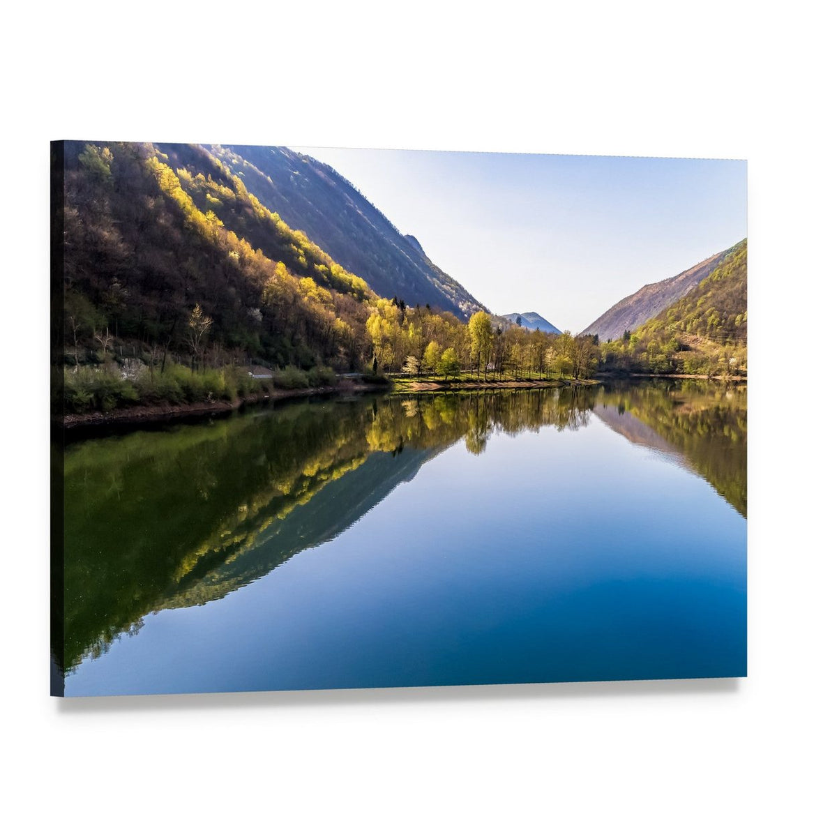 Ghirla Lake Italy, Sunlit Mountainside Canvas Wall Art, single panel gallery wrapped canvas, angled product view
