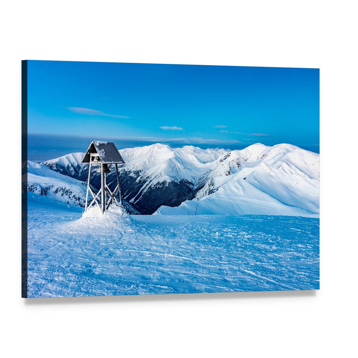 Watchtower on Snowy Mountain Peak Canvas Wall Art, single panel gallery wrapped canvas, angled product view