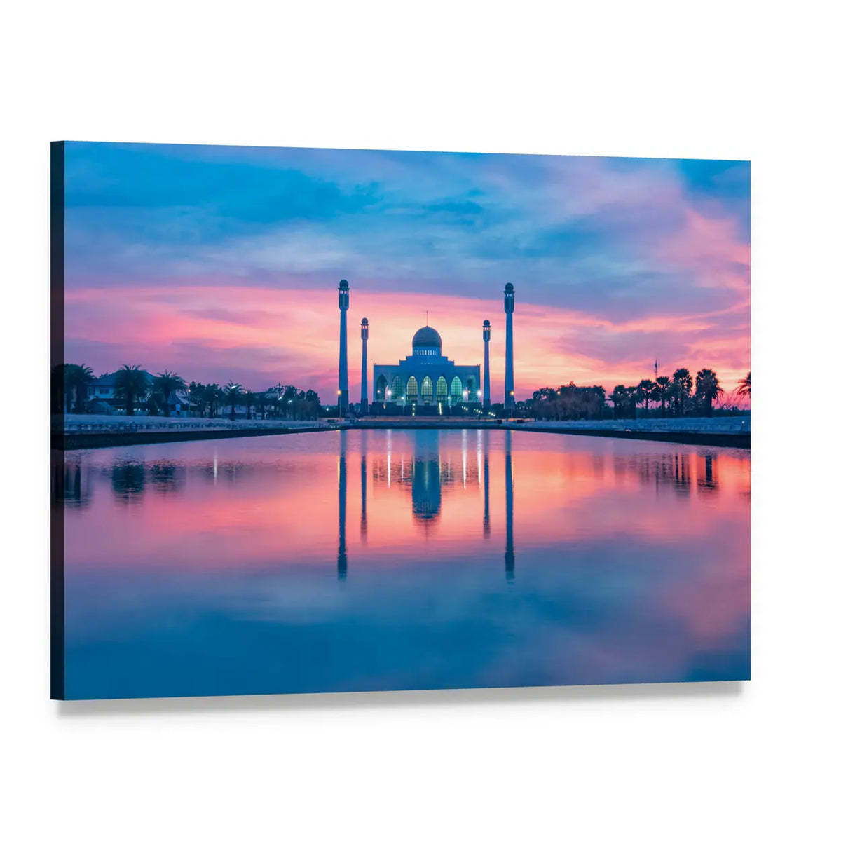 Reflection of Mosque in Lake Canvas Wall Art, single panel gallery wrapped canvas, angled product view