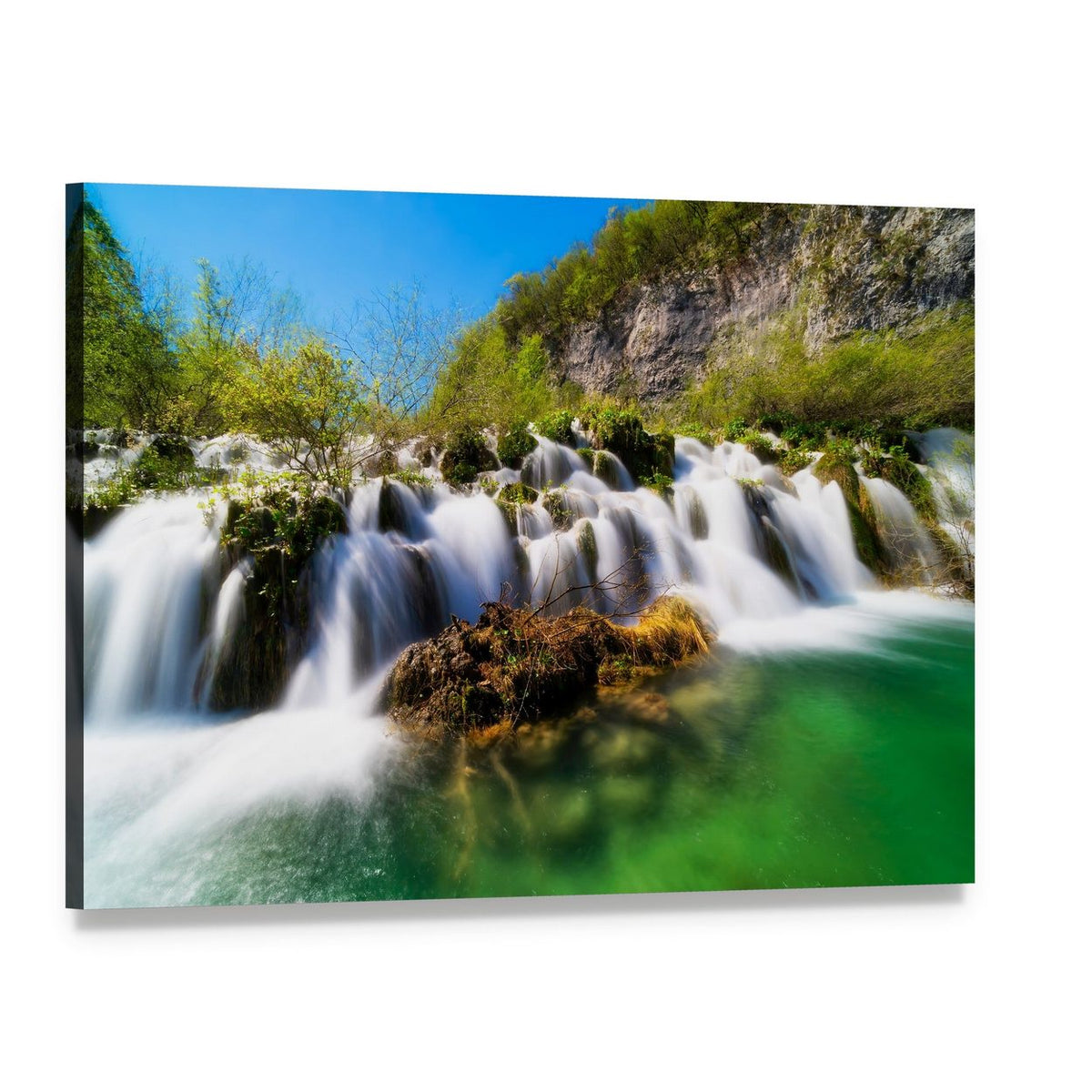 Plitvice Lakes Waterfall with Green Water Canvas Wall Art, single panel gallery wrapped canvas, angled product view