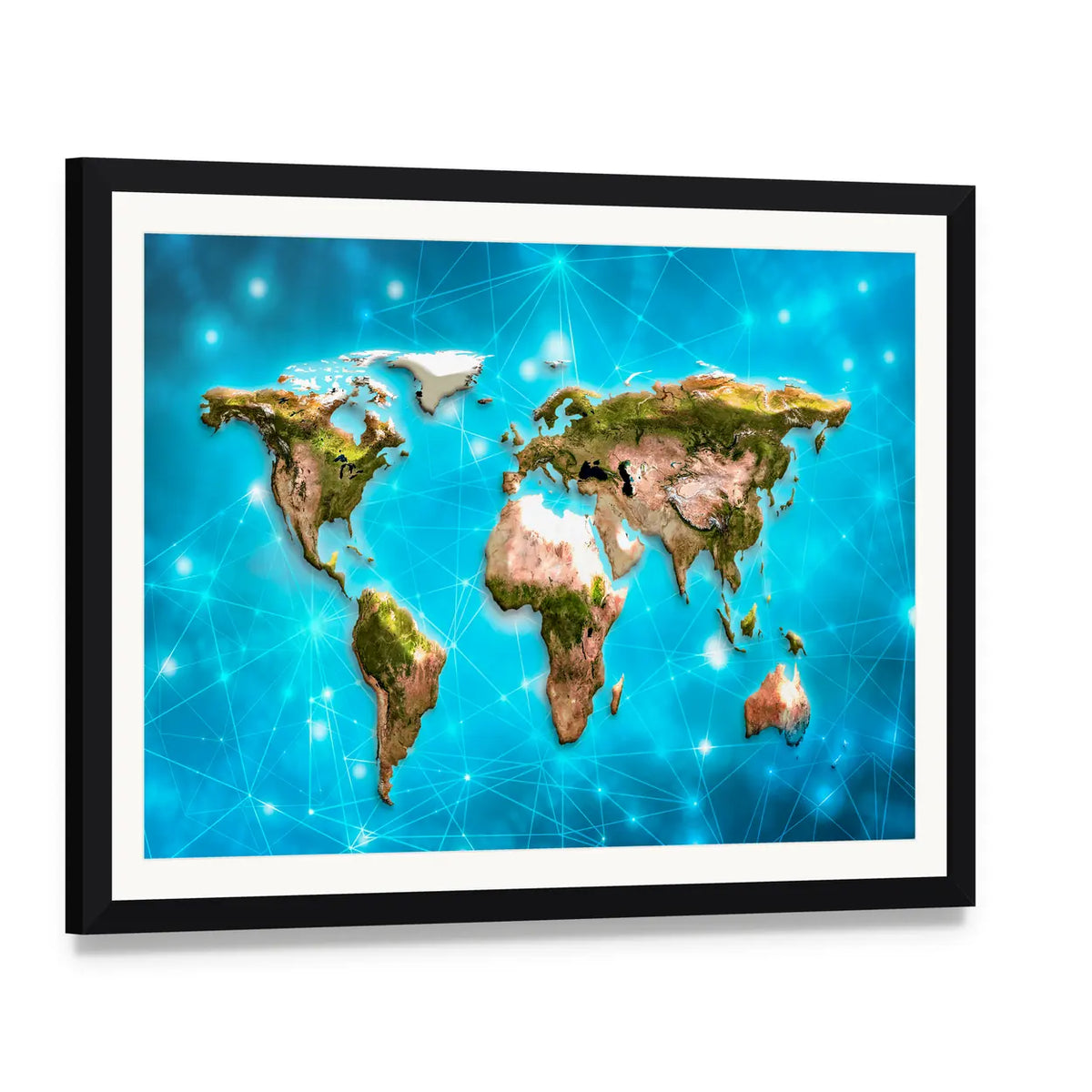 Physical World Map Illustration Canvas Wall Art, framed print with white mat and black frame, angled product view