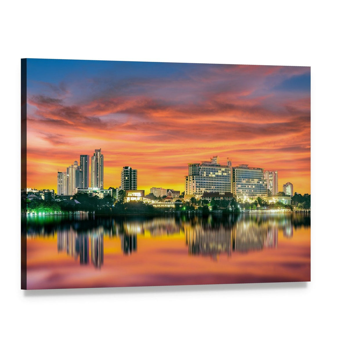 Sunset Waterfront City Skyline Canvas Wall Art, single panel gallery wrapped canvas, angled product view