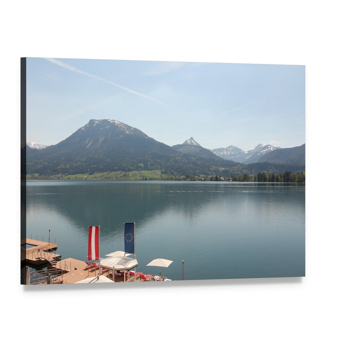 Wolfgangsee Lake with Dock and Snow-capped Mountains Canvas Wall Art, single panel gallery wrapped canvas, angled product view