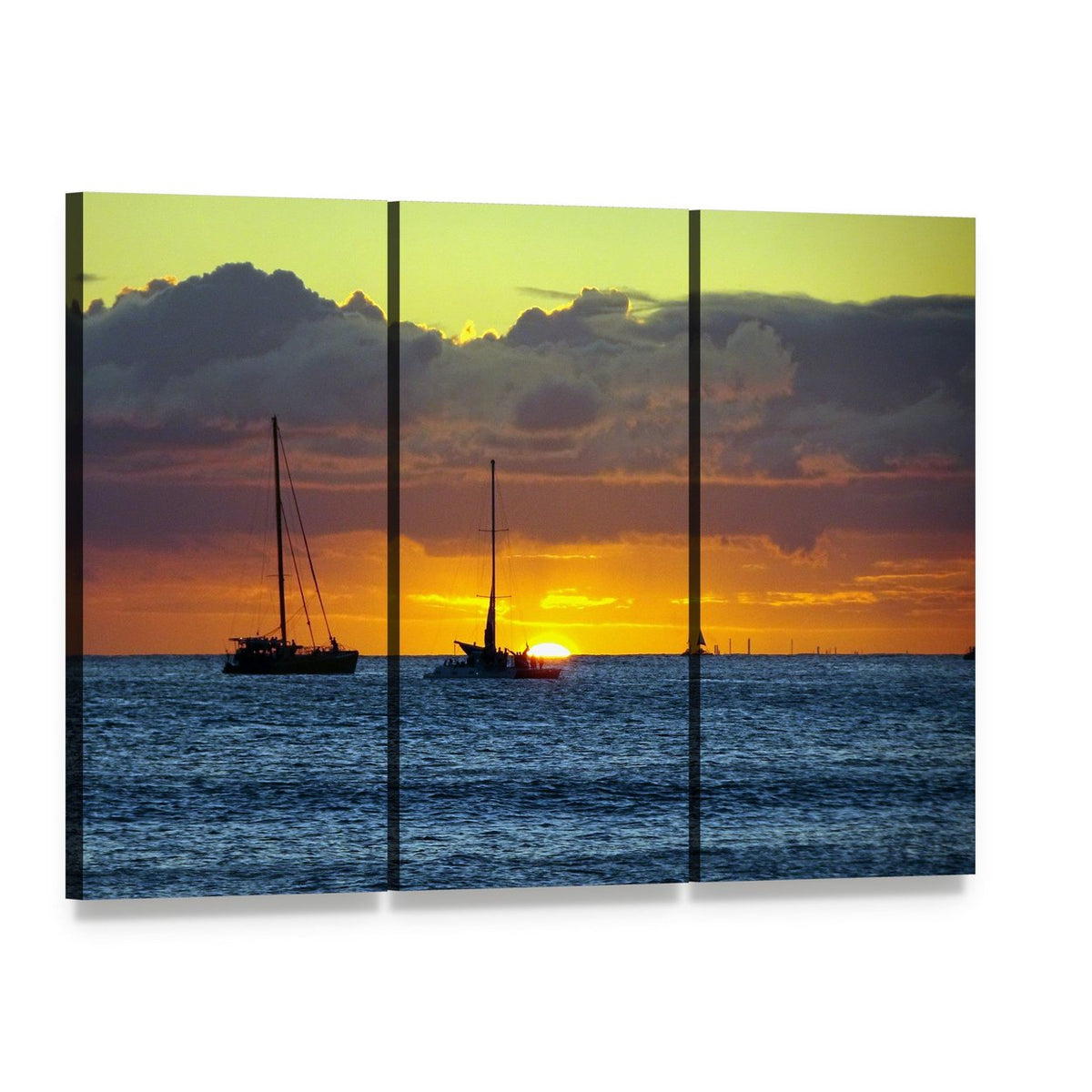 Sailboats on the Pacific at Sunset Canvas Wall Art, 3 panel 3 Horizontal layout gallery wrapped canvas set, angled product view