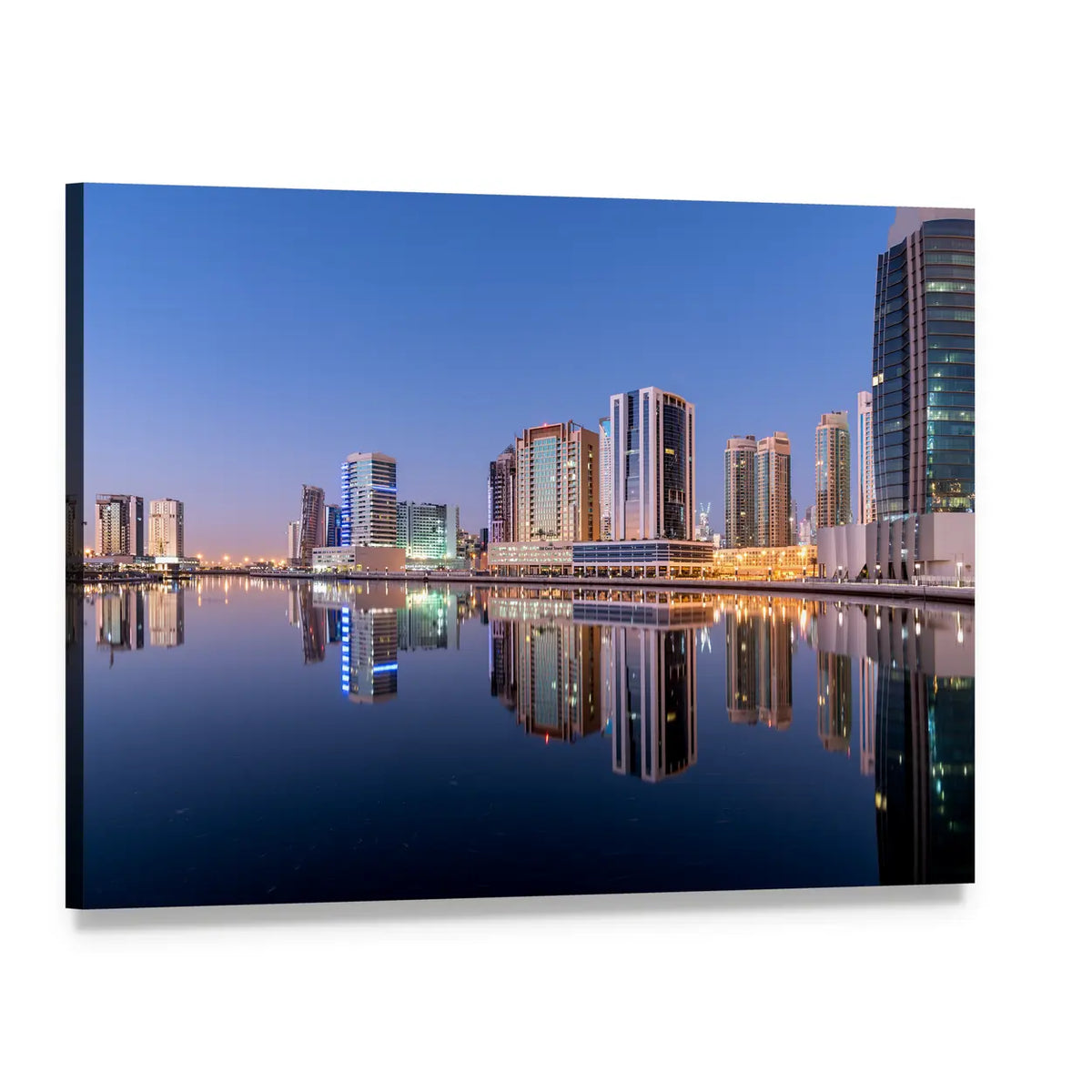 Dubai Skyline Reflected in Calm Canal Canvas Wall Art, single panel gallery wrapped canvas, angled product view