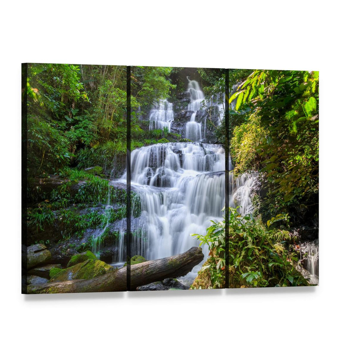 Mun Daeng Waterfall Canvas Wall Art, 3 panel 3 Horizontal layout gallery wrapped canvas set, angled product view