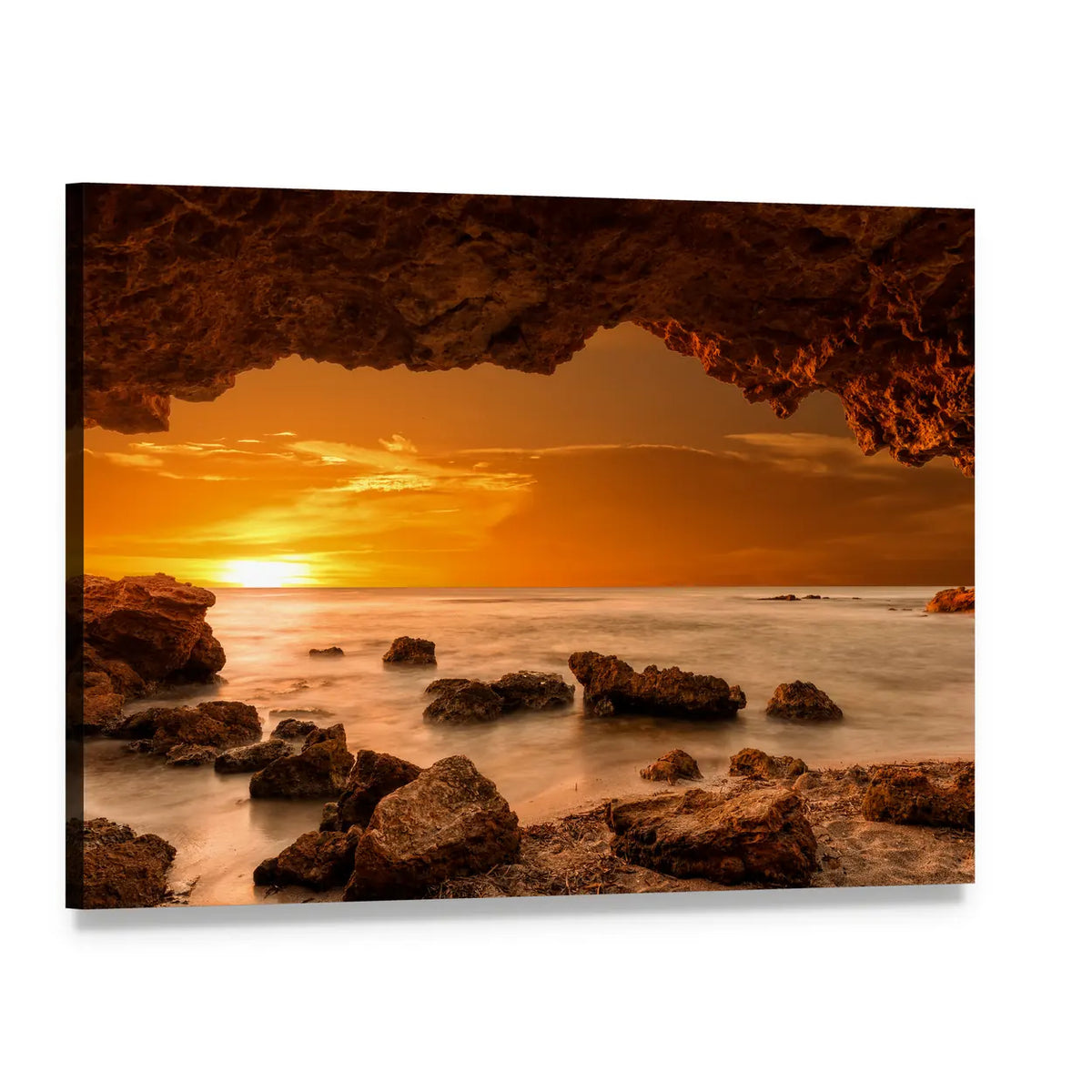 Sunset Through a Sea Cave Canvas Wall Art, single panel gallery wrapped canvas, angled product view