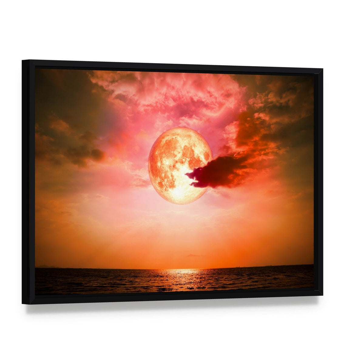 Full Blood Moon Over Ocean Canvas Wall Art, framed canvas in a black floater frame, angled product view