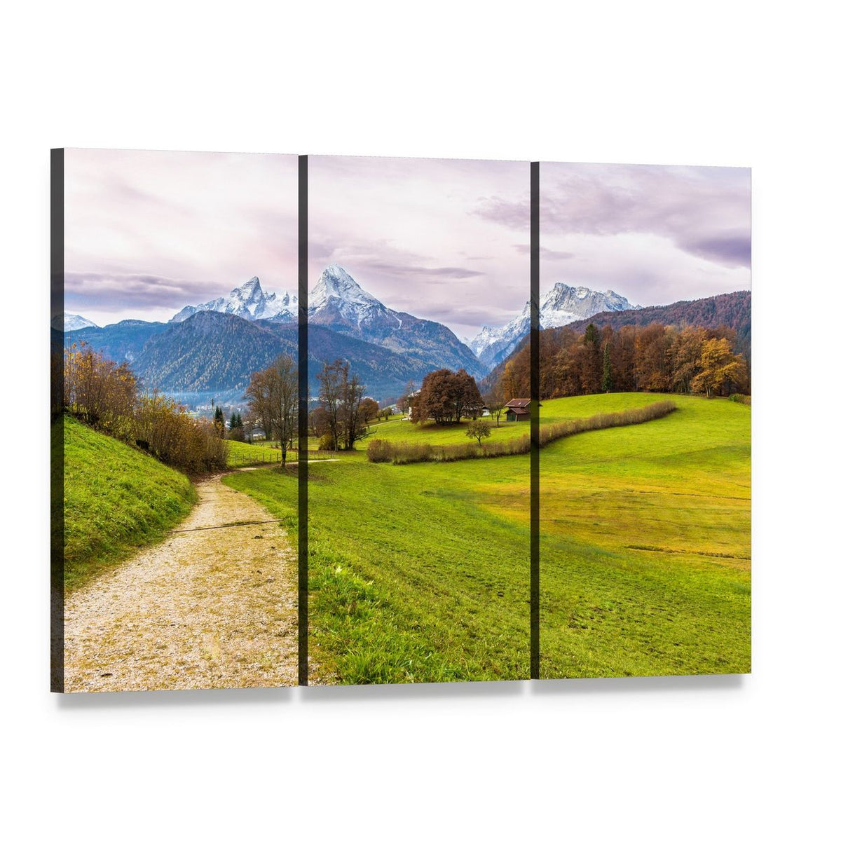 Dirt Path Toward Snow-capped Mountain Canvas Wall Art, 3 panel 3 Horizontal layout gallery wrapped canvas set, angled product view
