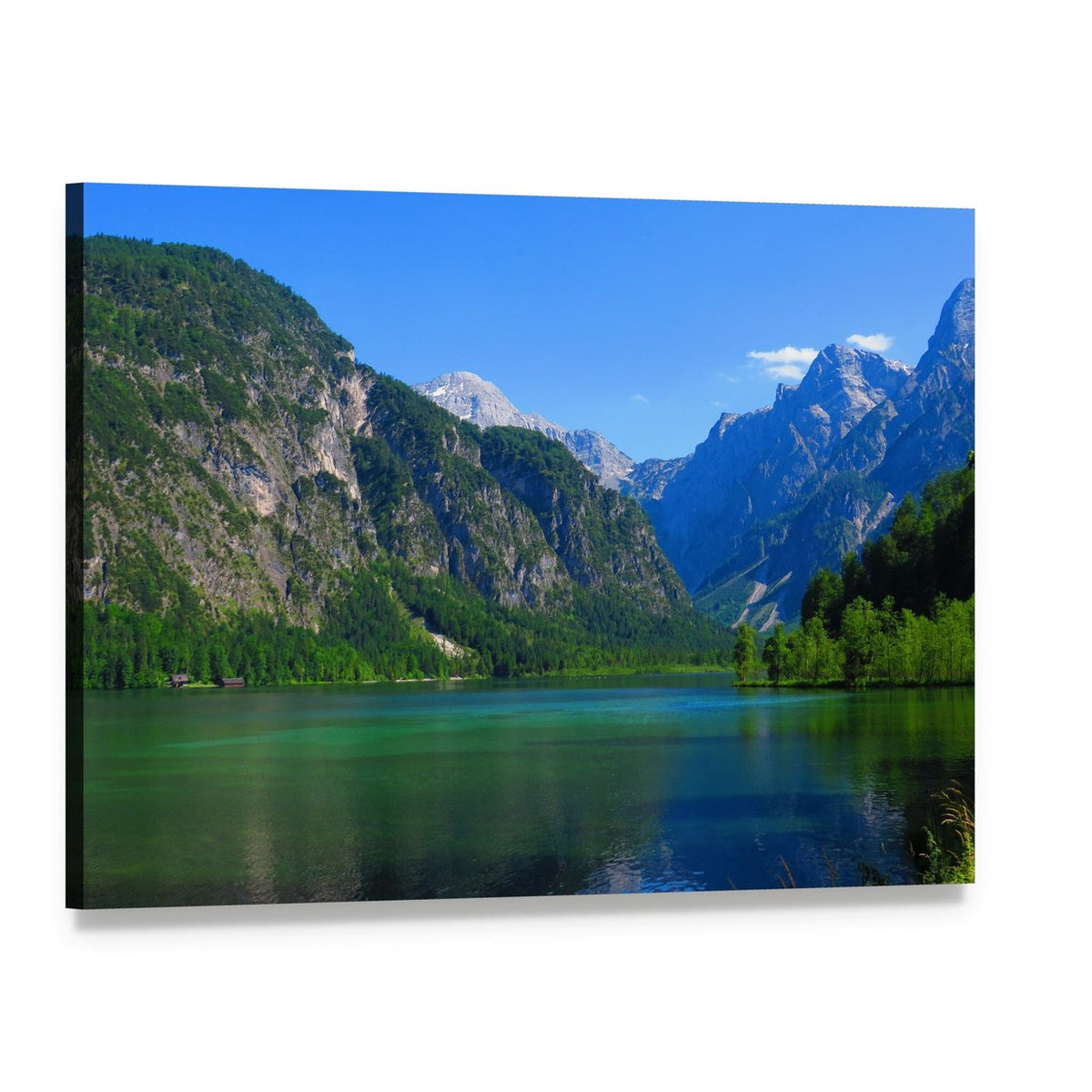 Mountains and Green Lake Canvas Wall Art, single panel gallery wrapped canvas, angled product view