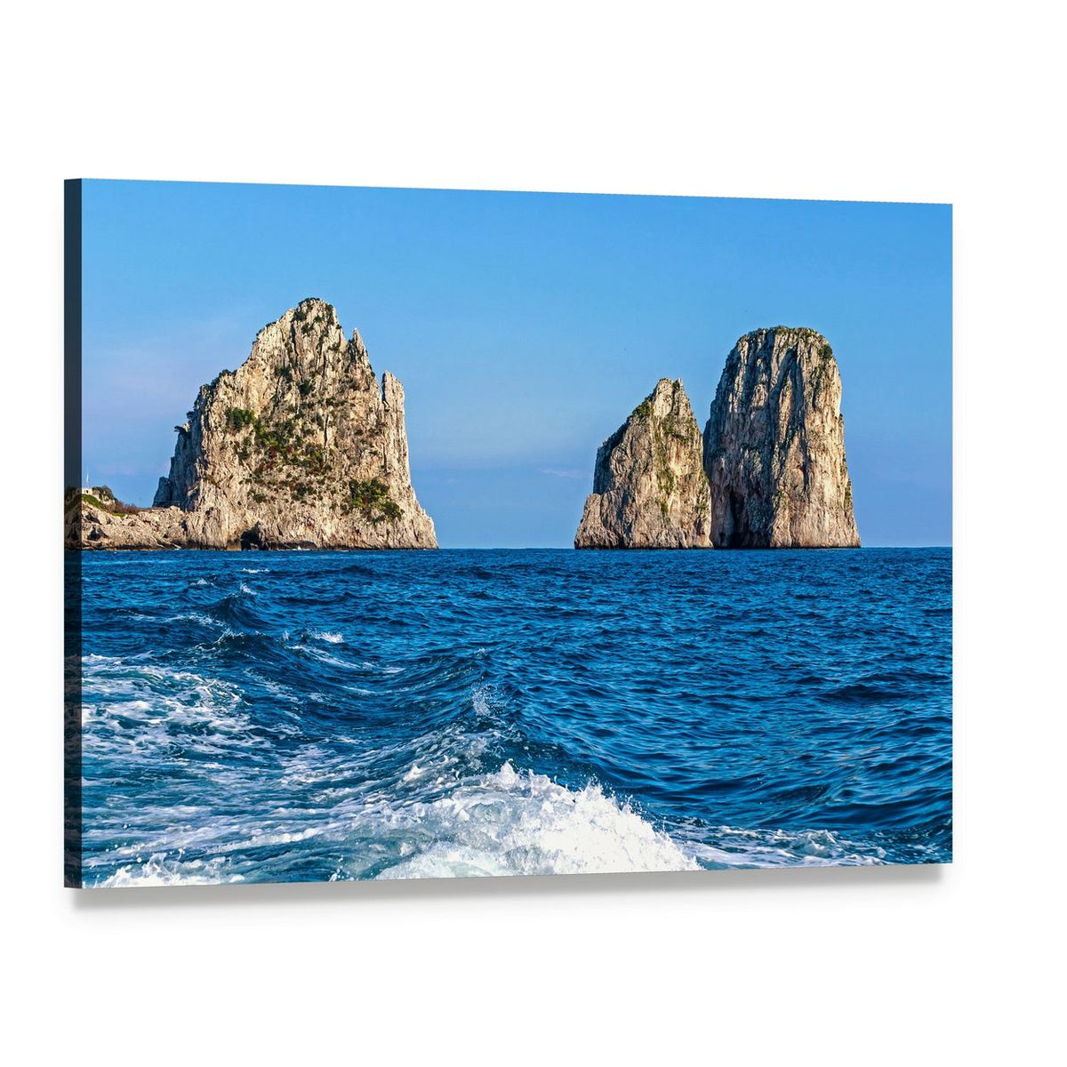 Faraglioni Rock Formations Over Ocean Canvas Wall Art, single panel gallery wrapped canvas, angled product view
