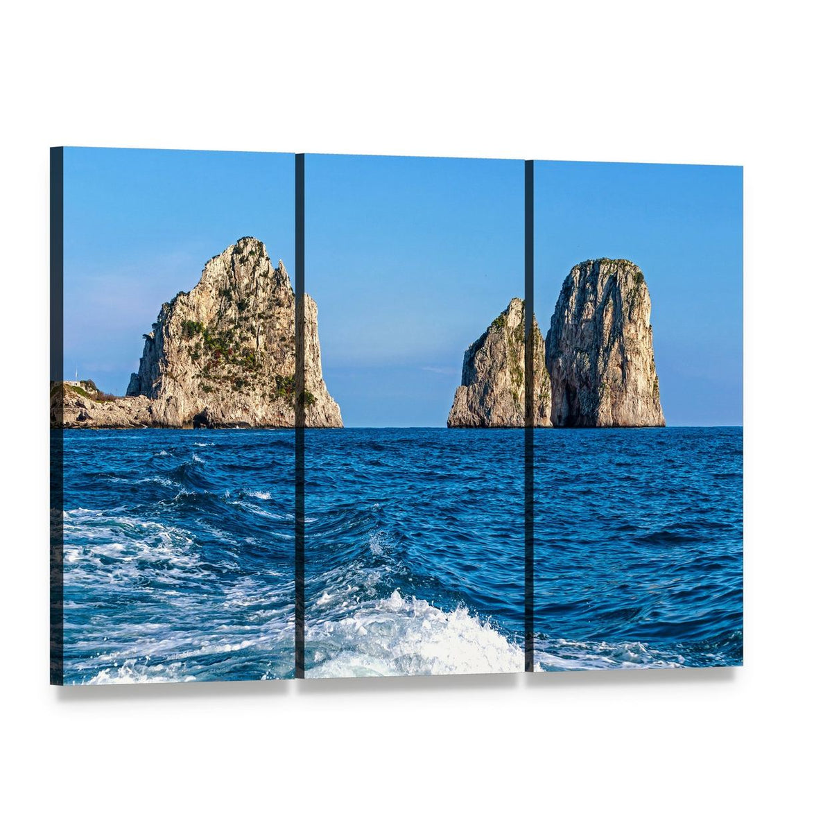 Faraglioni Rock Formations Over Ocean Canvas Wall Art, 3 panel 3 Horizontal layout gallery wrapped canvas set, angled product view