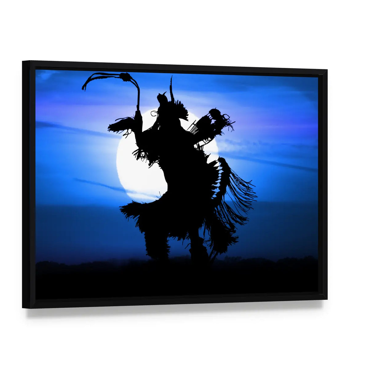 Native American Dancer Silhouette Canvas Wall Art, framed canvas in a black floater frame, angled product view
