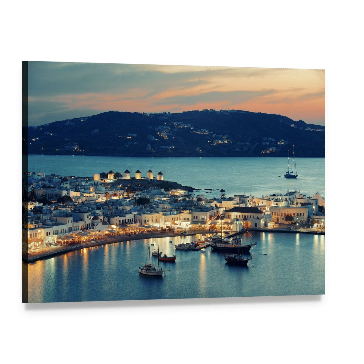 Mykonos Bay at Sunset Canvas Wall Art, single panel gallery wrapped canvas, angled product view