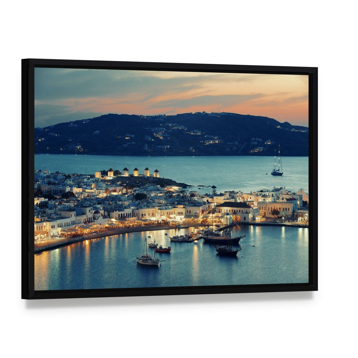 Mykonos Bay at Sunset Canvas Wall Art, framed canvas in a black floater frame, angled product view