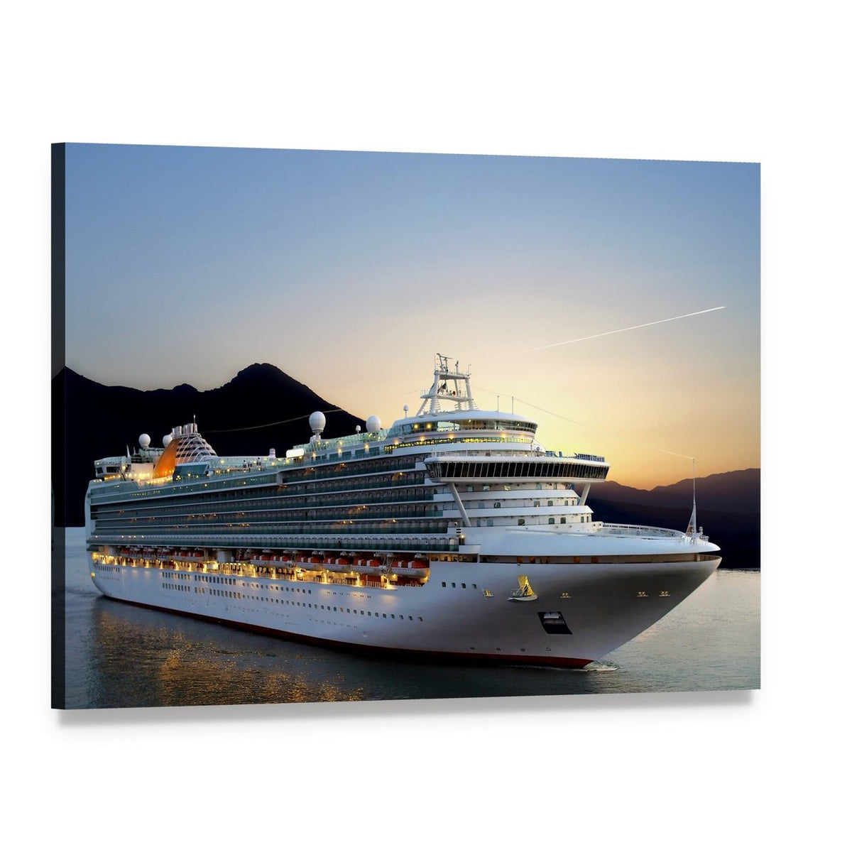 Cruise Ship at Sunset Near Port Canvas Wall Art, single panel gallery wrapped canvas, angled product view