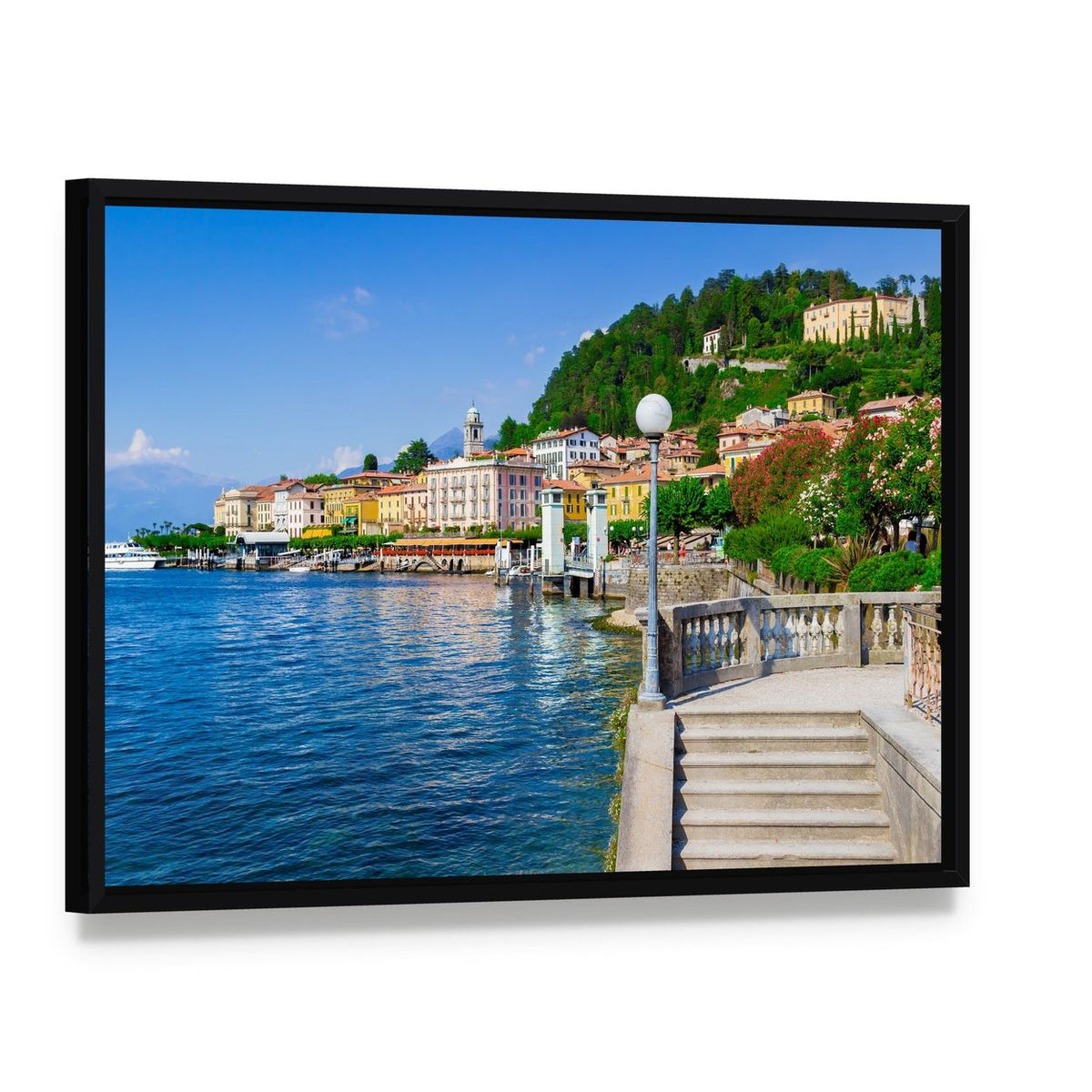 Old Bellagio on Lake Como Canvas Wall Art, framed canvas in a black floater frame, angled product view