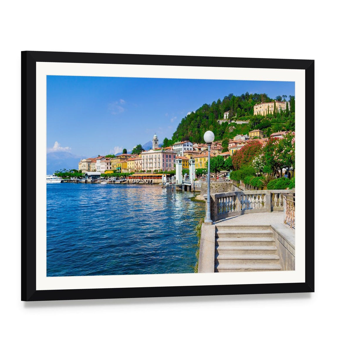 Old Bellagio on Lake Como Canvas Wall Art, framed print with white mat and black frame, angled product view