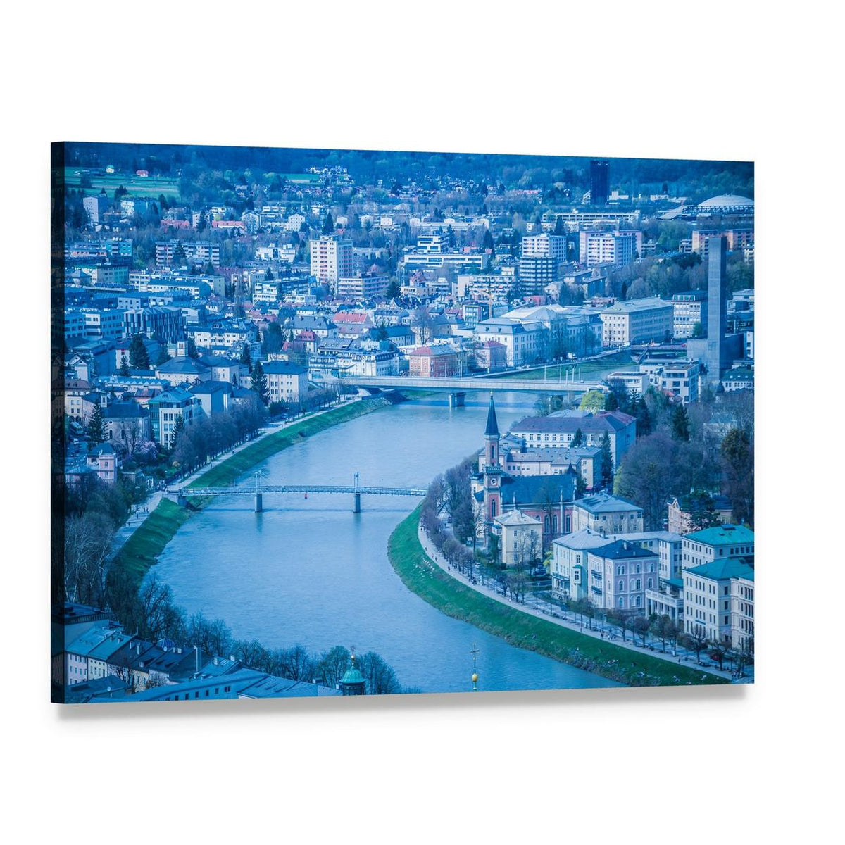 Salzburg River and City Skyline Canvas Wall Art, single panel gallery wrapped canvas, angled product view