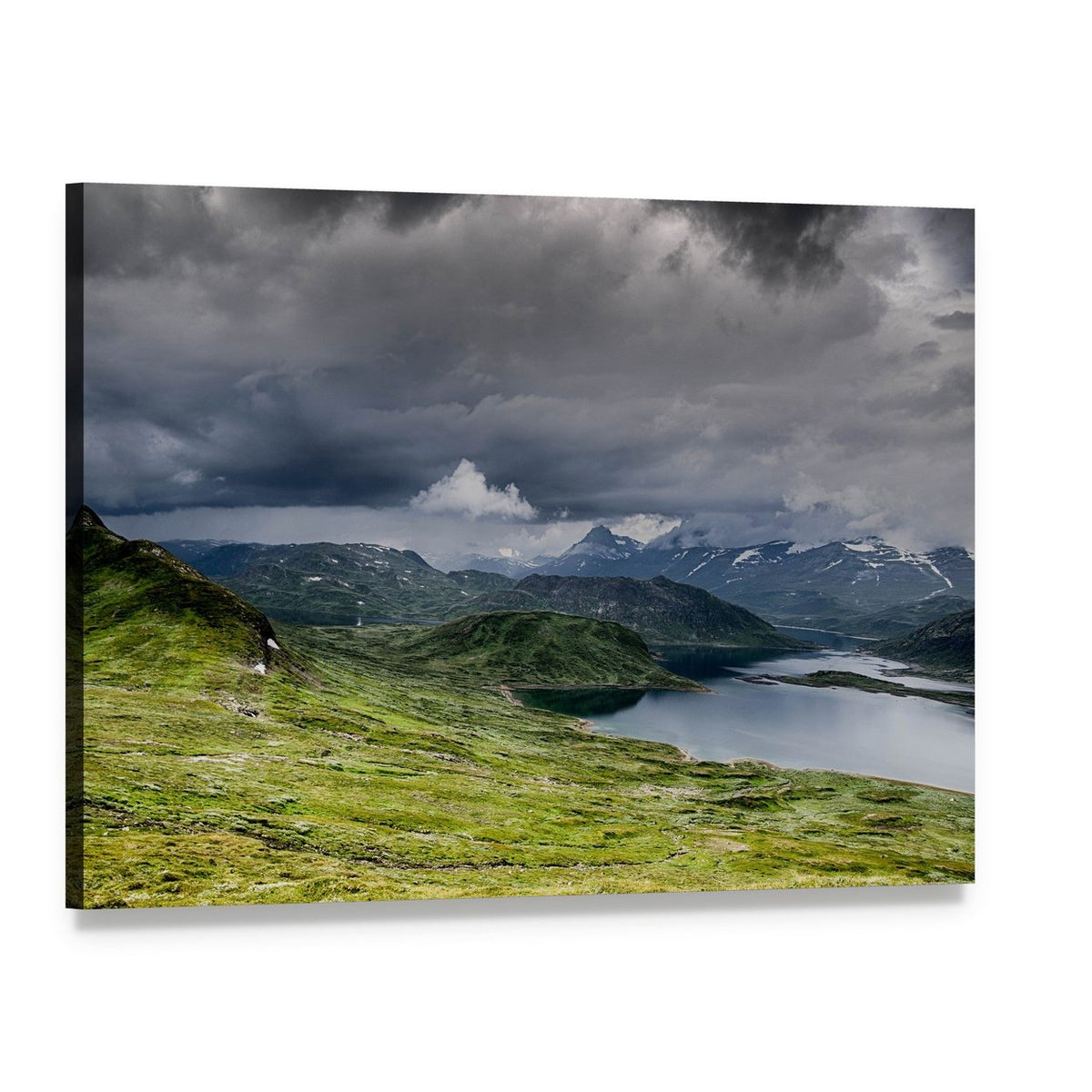 Calm Lake with Snow-capped Mountains Canvas Wall Art, single panel gallery wrapped canvas, angled product view
