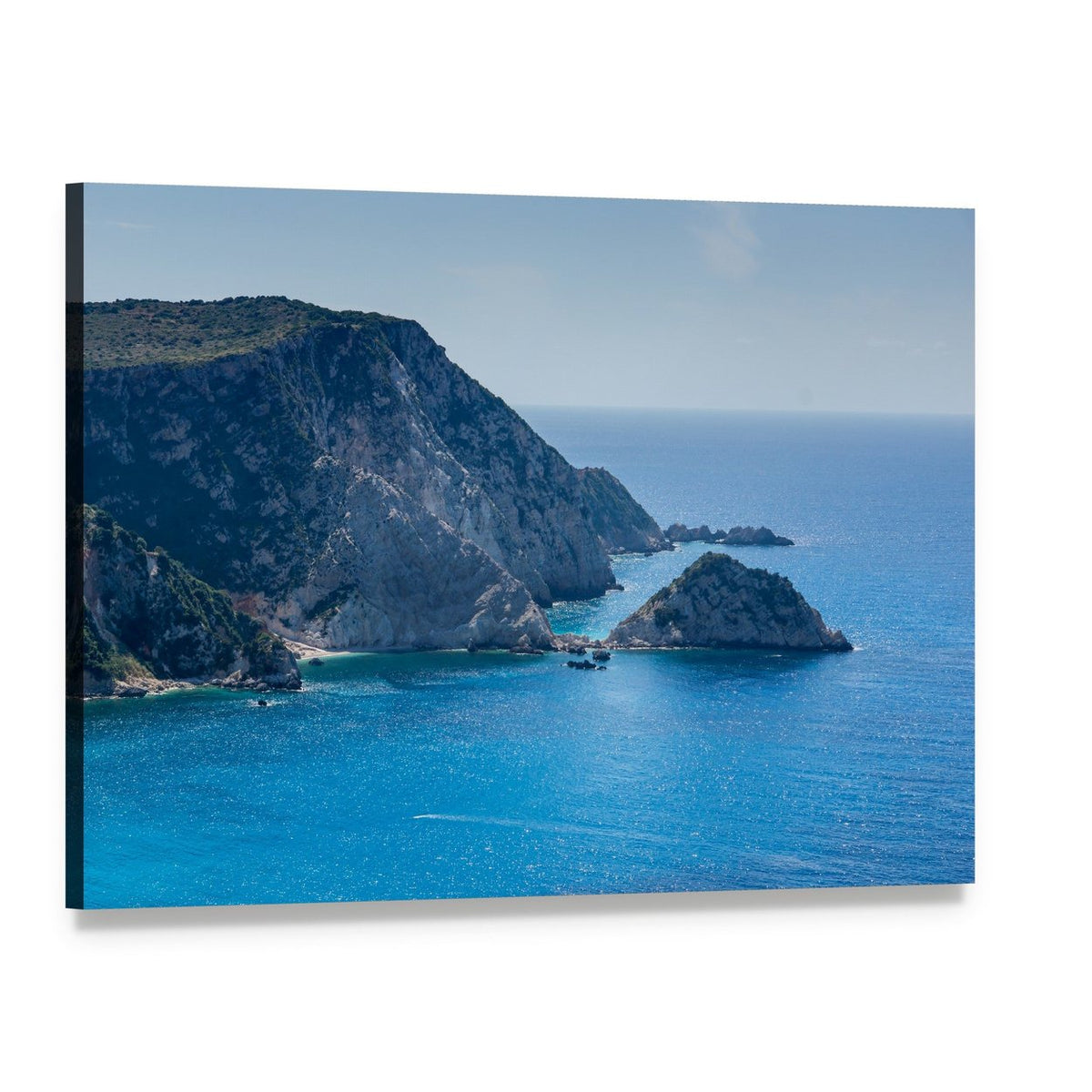 Petani Beach, Kefalonia Cliffs Over Clear Blue Sea Canvas Wall Art, single panel gallery wrapped canvas, angled product view
