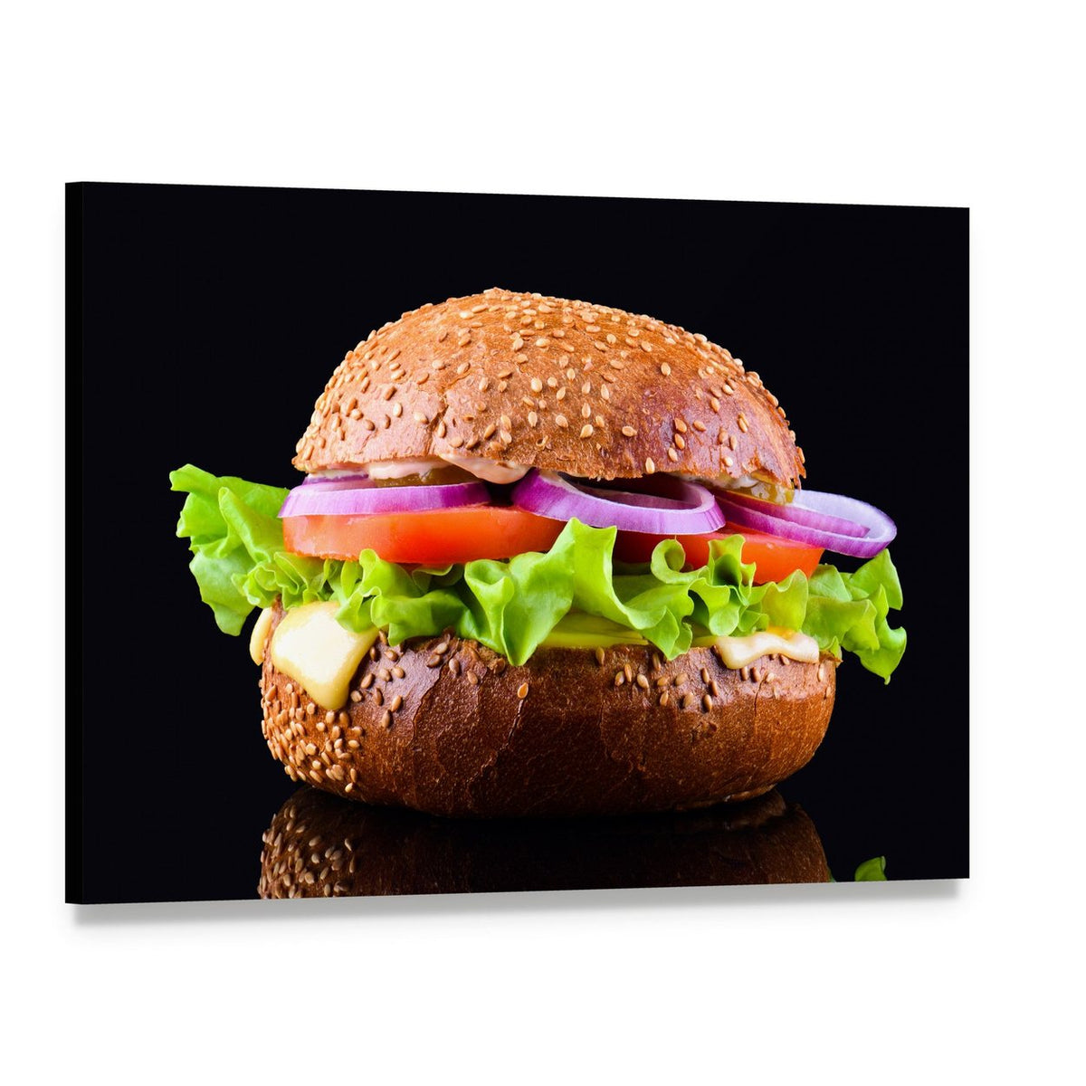 Photorealistic Cheeseburger Close-up Canvas Wall Art, single panel gallery wrapped canvas, angled product view