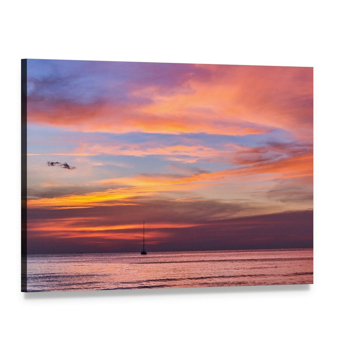 Sailboat at Sunset Over the Ocean Canvas Wall Art, single panel gallery wrapped canvas, angled product view