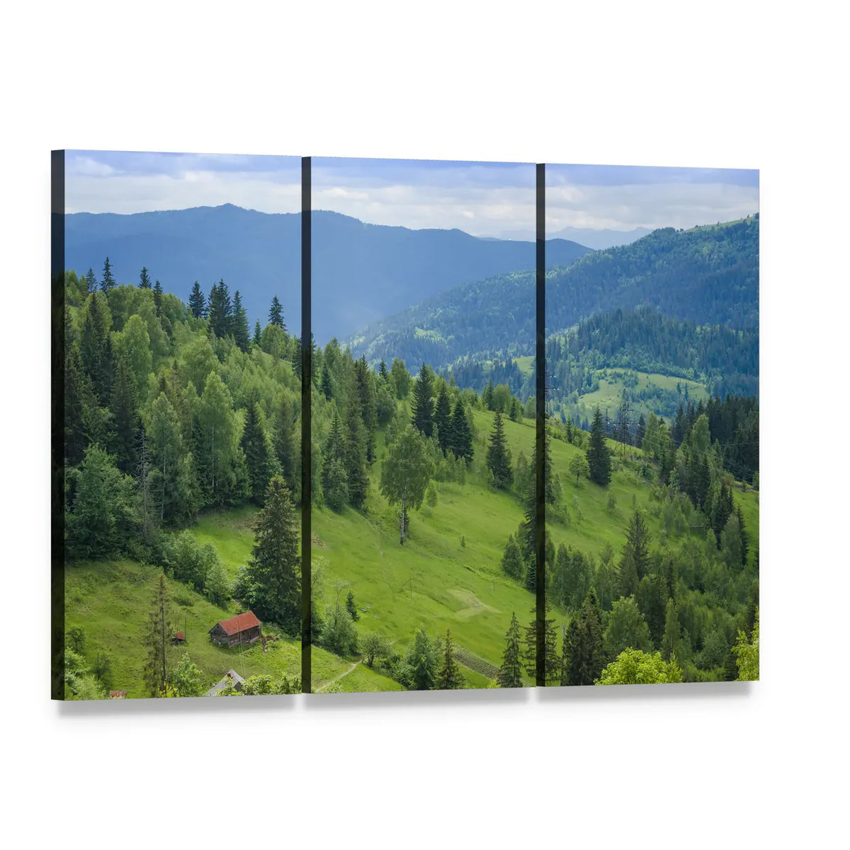 Ukrainian Mountain Valley with Red Cabin Canvas Wall Art, 3 panel 3 Horizontal layout gallery wrapped canvas set, angled product view
