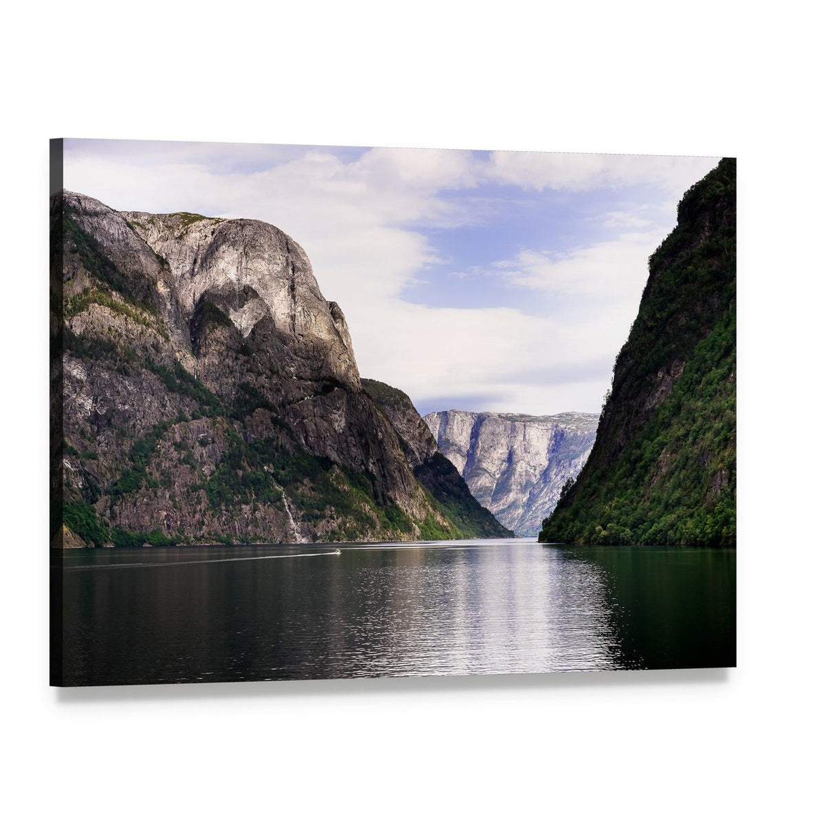 Norwegian Fjord with Boat and Waterfall Canvas Wall Art, single panel gallery wrapped canvas, angled product view