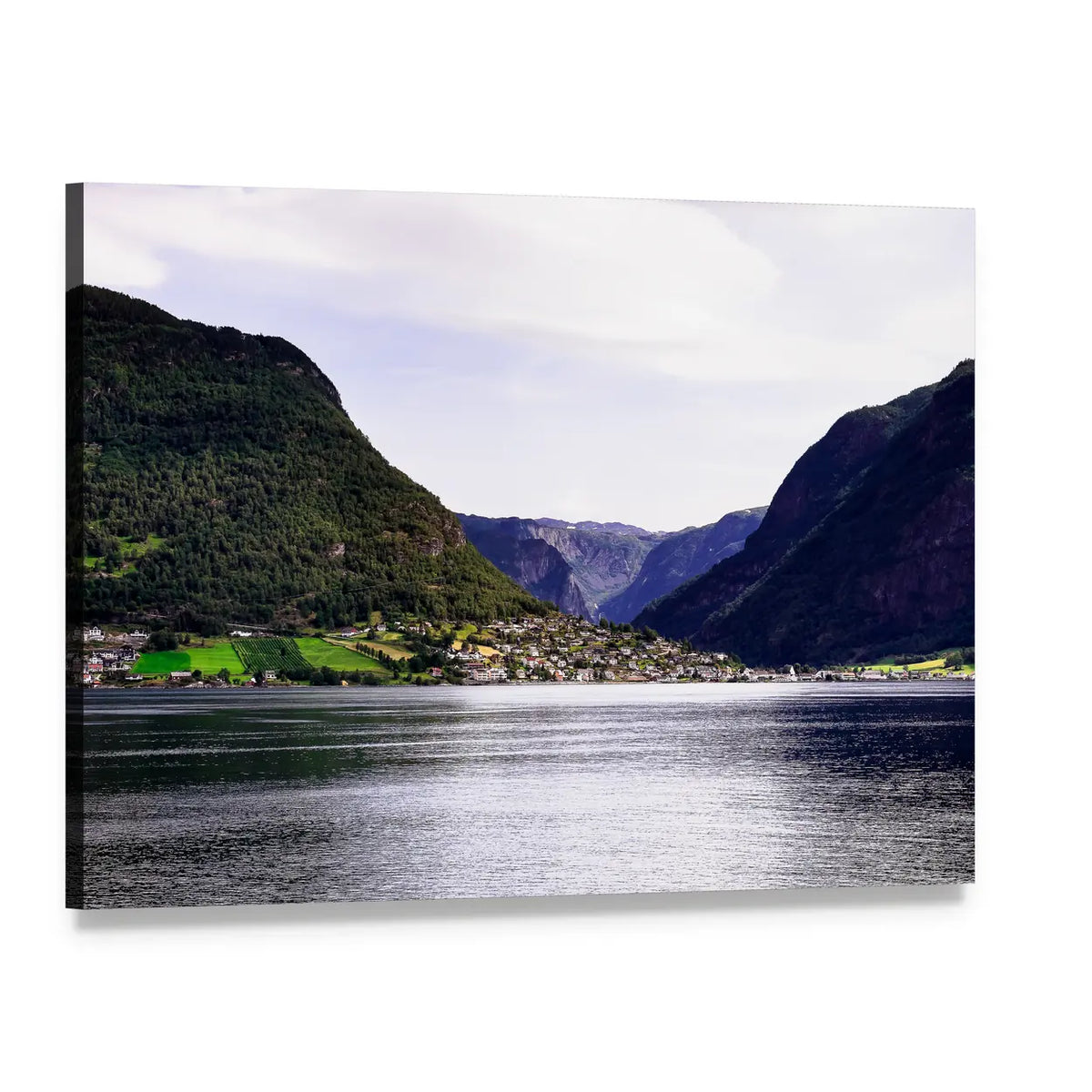 Norwegian Fjord Landscape Canvas Wall Art, single panel gallery wrapped canvas, angled product view