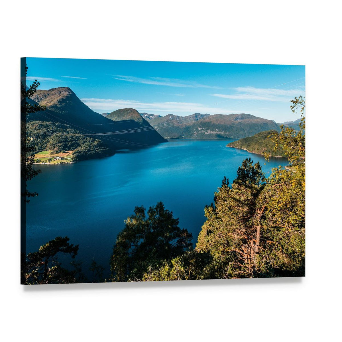 Fjord with Mountains and Pine Trees Canvas Wall Art, single panel gallery wrapped canvas, angled product view